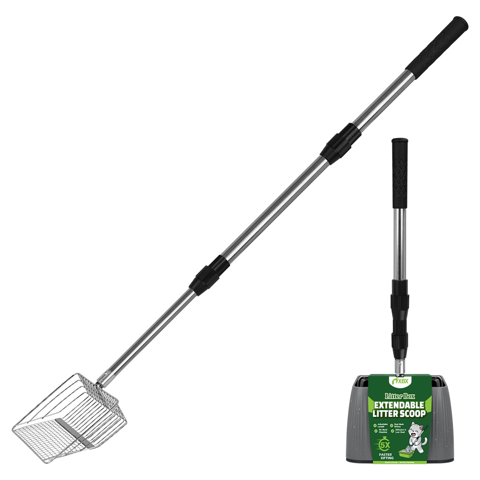 XBX Long Handle Cat Litter Scoop with Holder, Adjustable Extendable Metal Litter Scooper, Stainless Steel Shovel Sifter for Litter Box Cleaning, Durable Cat Pooper Scooper for Home Use