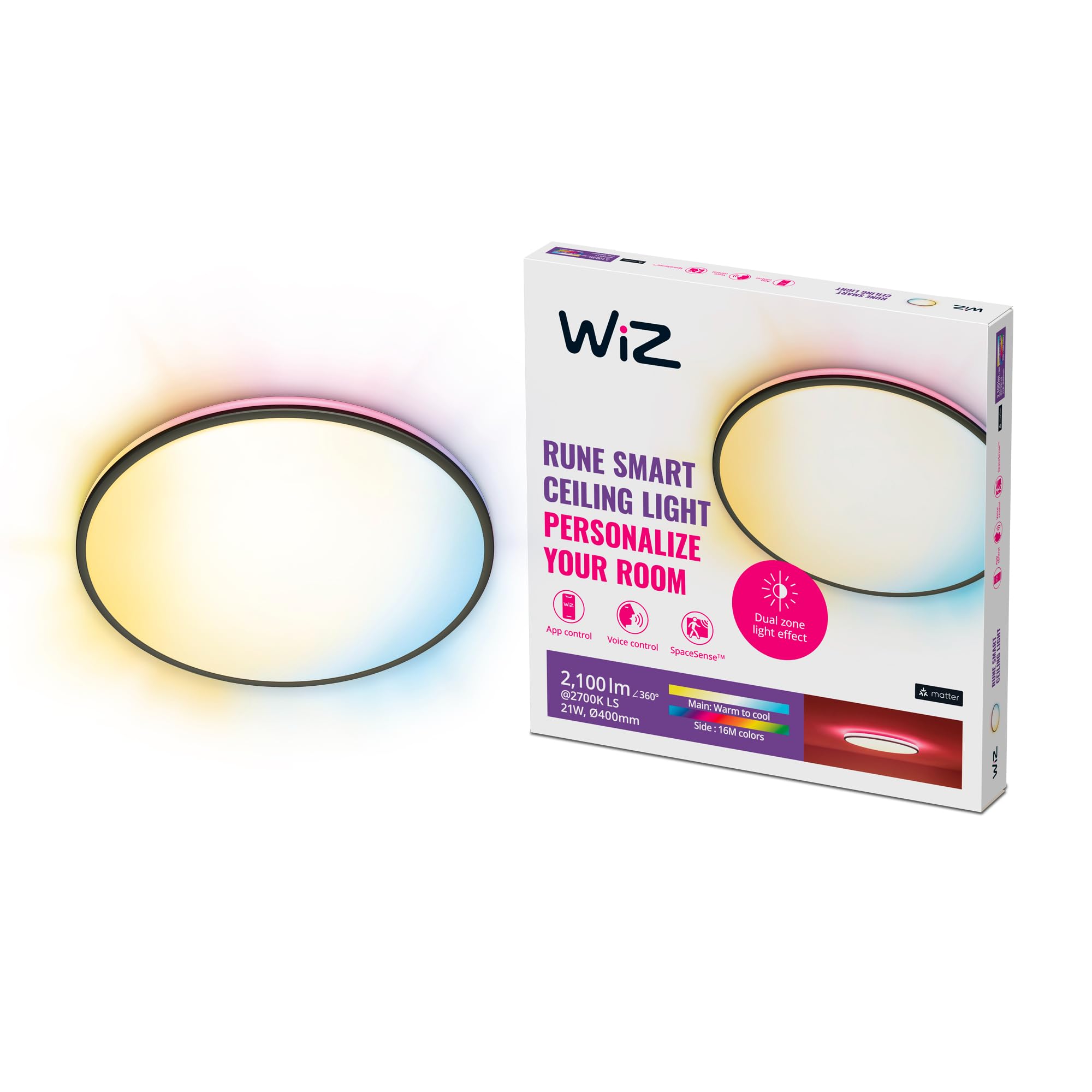 WiZ Tunable White and Color Rune Deckenleuchte (2.100 lm), LED Leuchte mit 16 Mio. Farben oder warm- bis kaltweißem dimmbarem Licht, smarte Lichtsteuerung über WLAN per Stimme/App, schwarz