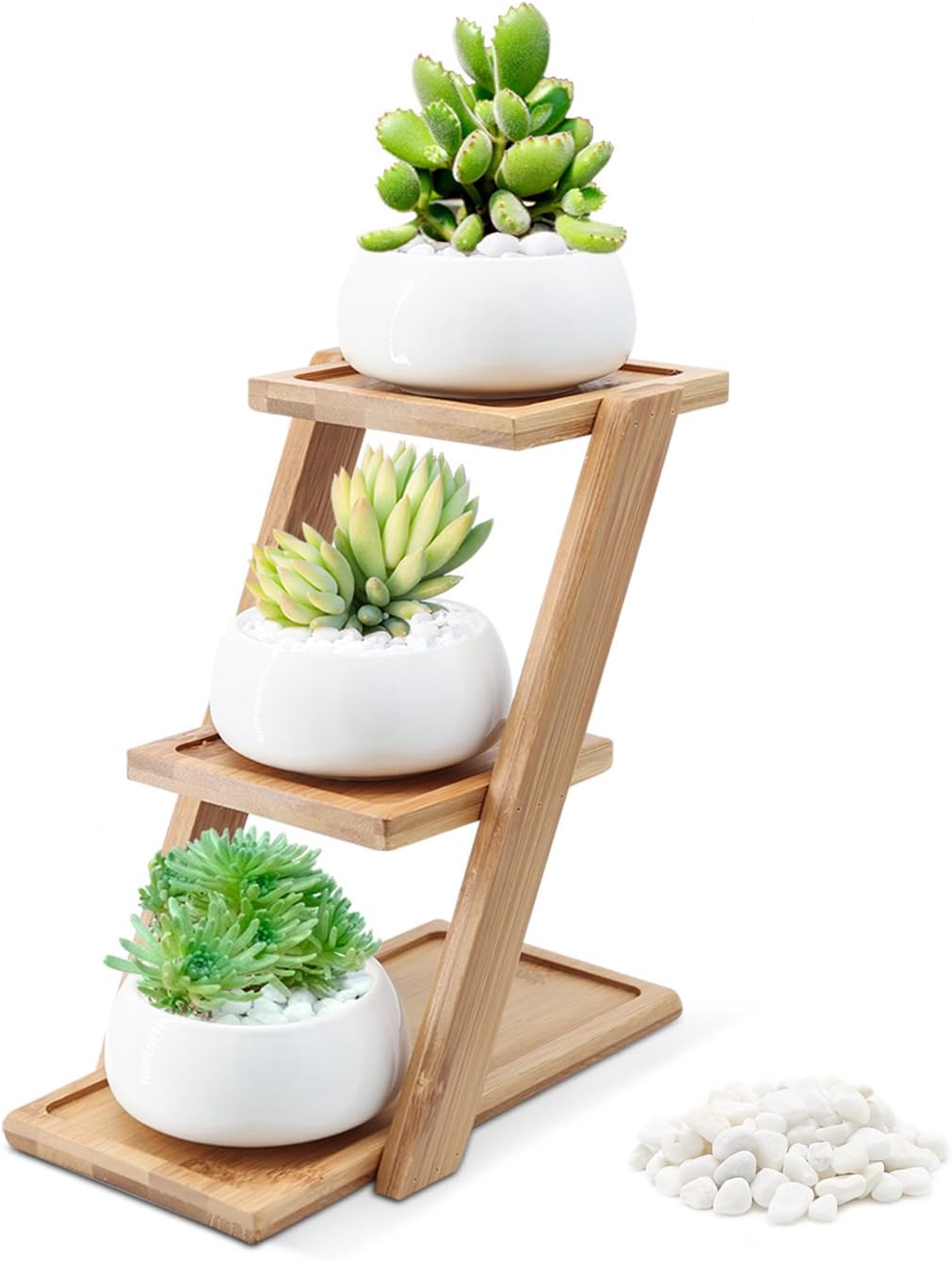 Puaida 3.15 Inch Small Modern Round White Ceramic Succulent Plant Pot, Planter for Succulent Plants, Small Cactus and Herbs with Bamboo Stand and Stone for Room Decor- Set of 3