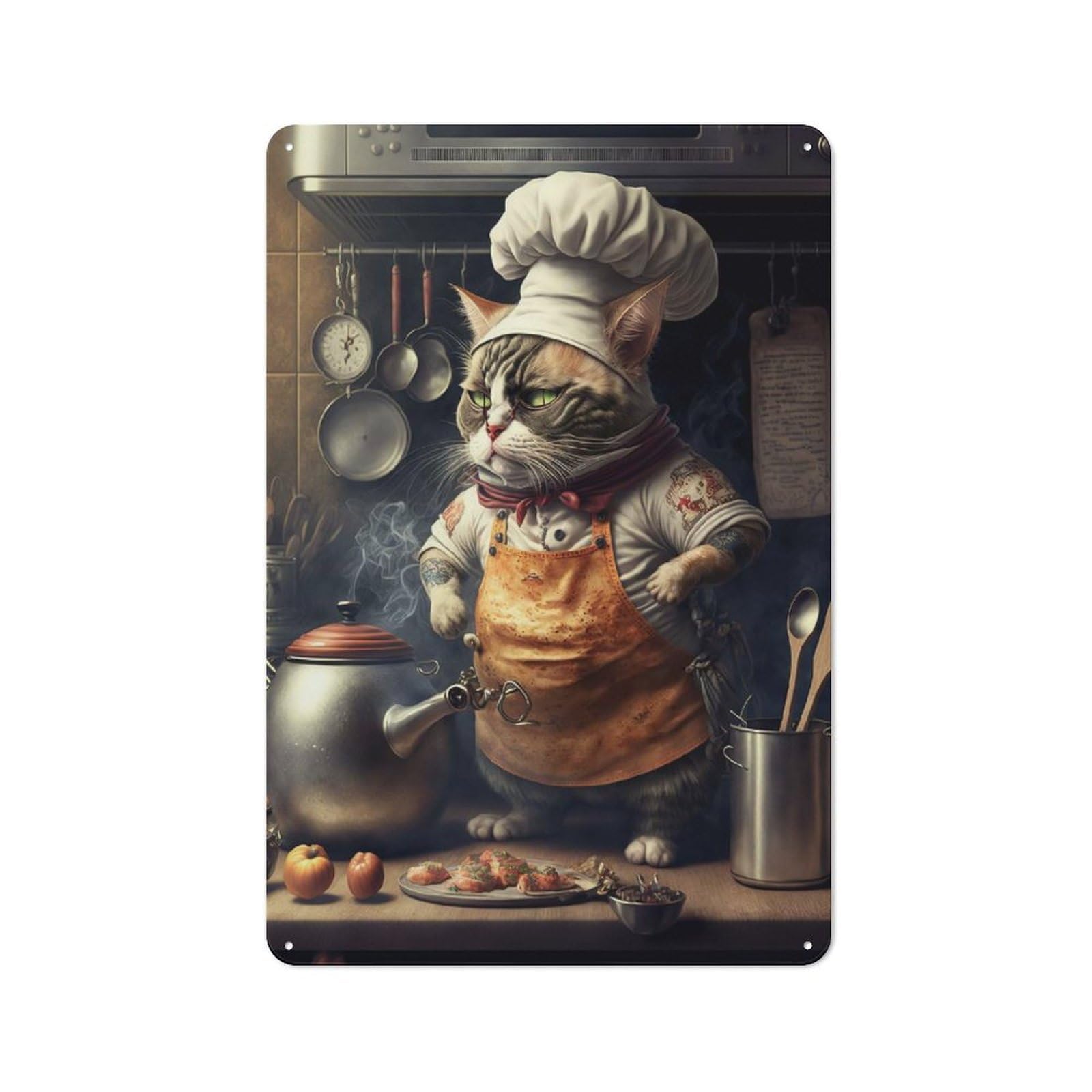 Chef Cat Warehouse Style Metal Wall Decor 30x20cm, Metal Wall Sign for Workspace, Cafe, Hallway Or Garage