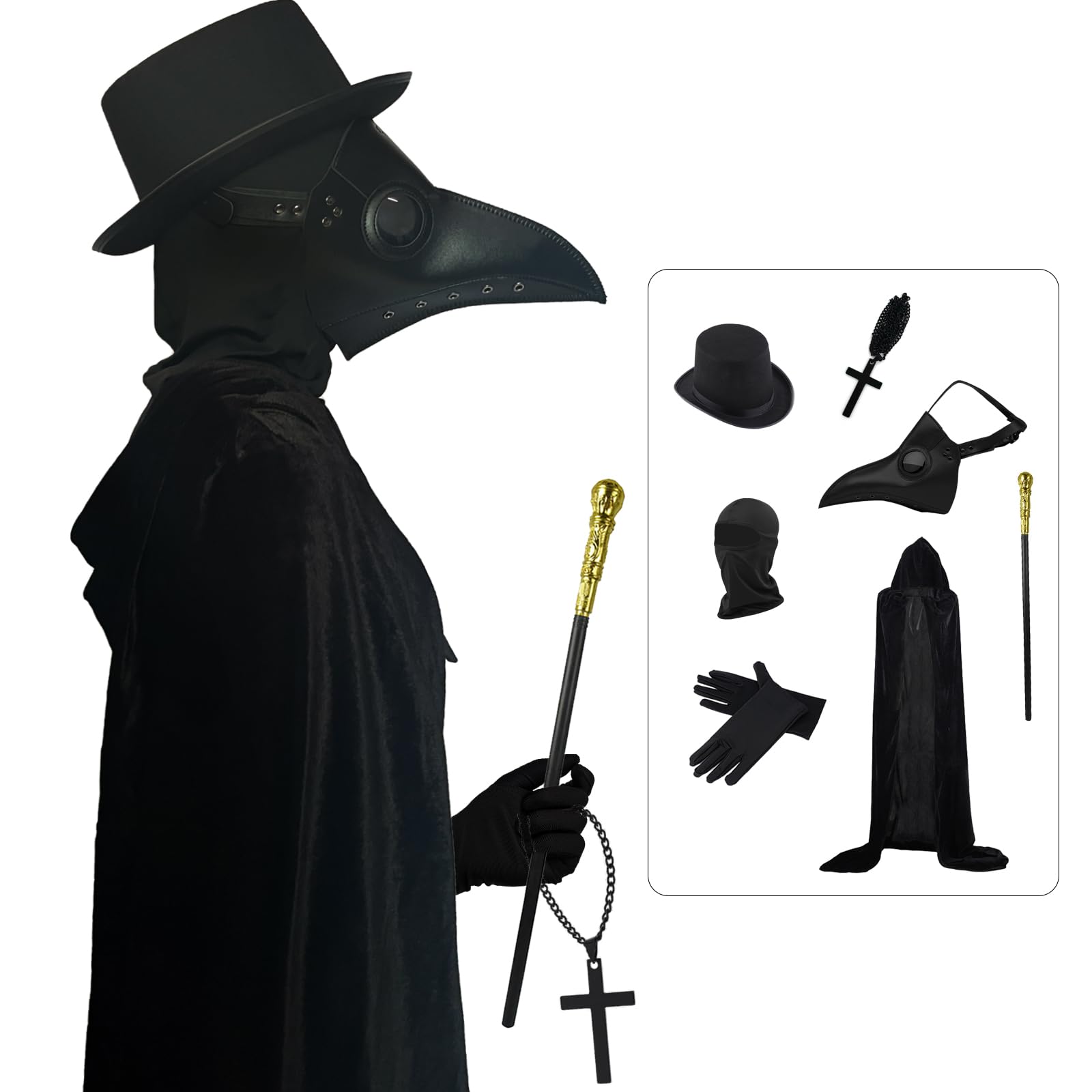 Volwassen Pest Dokter Cosplay Kostuum Halloween Middeleeuwse Monnik Pest Artsen met Bird Beak Mask Zwarte Mantel Gewaad met Hood | NL