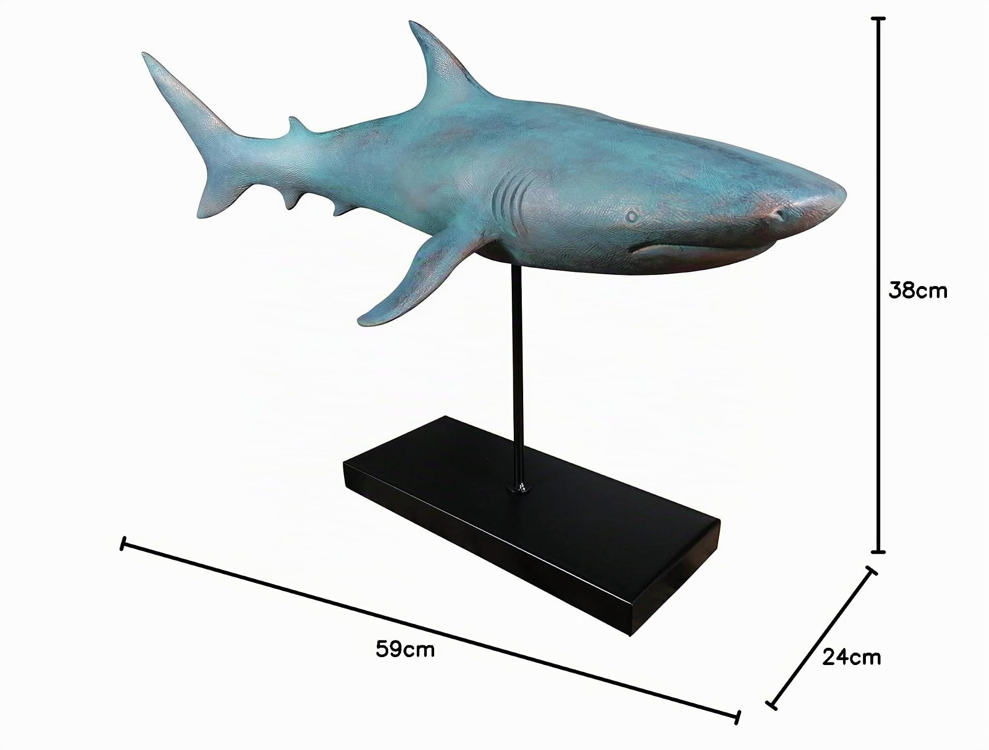 MichaelNoll Hai Haifisch Fisch Dekofigur Statue Skulptur Polyresin Modern - Maritime Deko für Wohnung in Holz-Optik Grün - Dekoration für Wohnzimmer, Schlafzimmer oder Badezimmer - XXL 59x24x38,5 cm