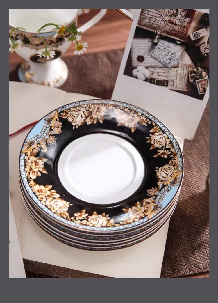 Juego de tazas y platillos de té y café de 192.8 g, 21 piezas de taza de té en relieve de colores azul y negro con platillo a juego, porcelana fina de hueso, servicio para 6 personas