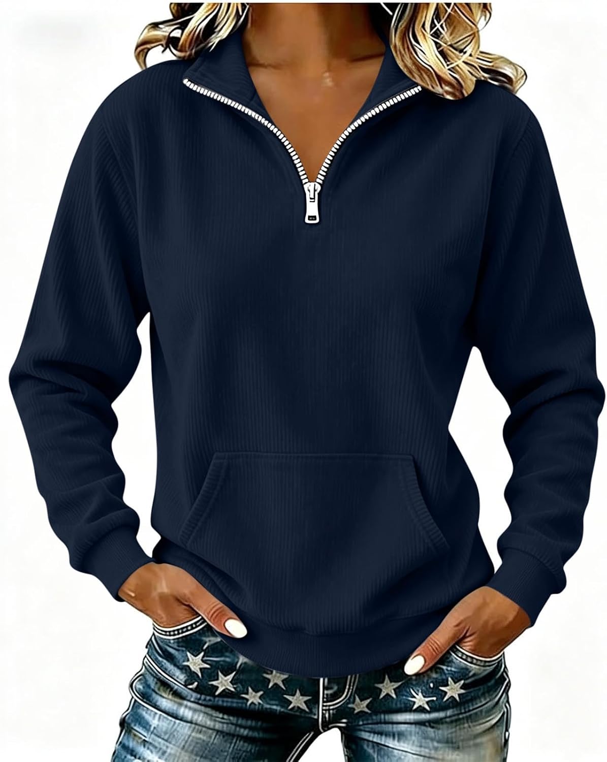 Corduroy Half Zip Pullover for Women Long Sleeve Collared Loose Sweatshirt Comfy Fall Winter Fashion Street Blouses