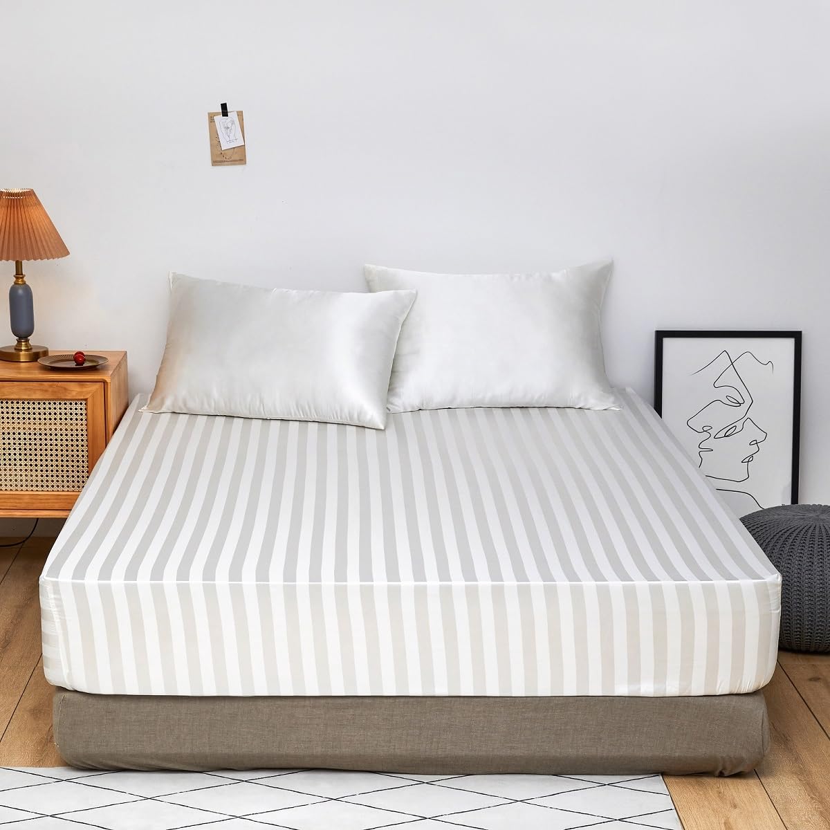 Drap Housse 160x200 Fleur Draps Housse 2 Personnes Rayures Colorées 3D Housse Matelas Grand Bonnet de 30 cm Drap-Housse Microfibre Doux avec 2 Taies D'oreillers A7257