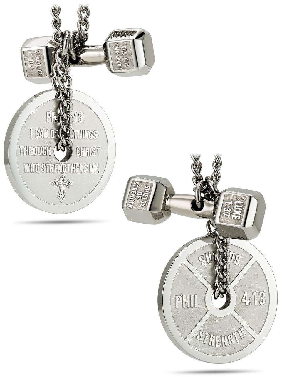 Shields of Strength Men’s Faith & Fitness Stainless Steel Necklace with Dumbbell and Weight Plate Pendants – Philippians 4:13 & Luke 1:37 Engravings