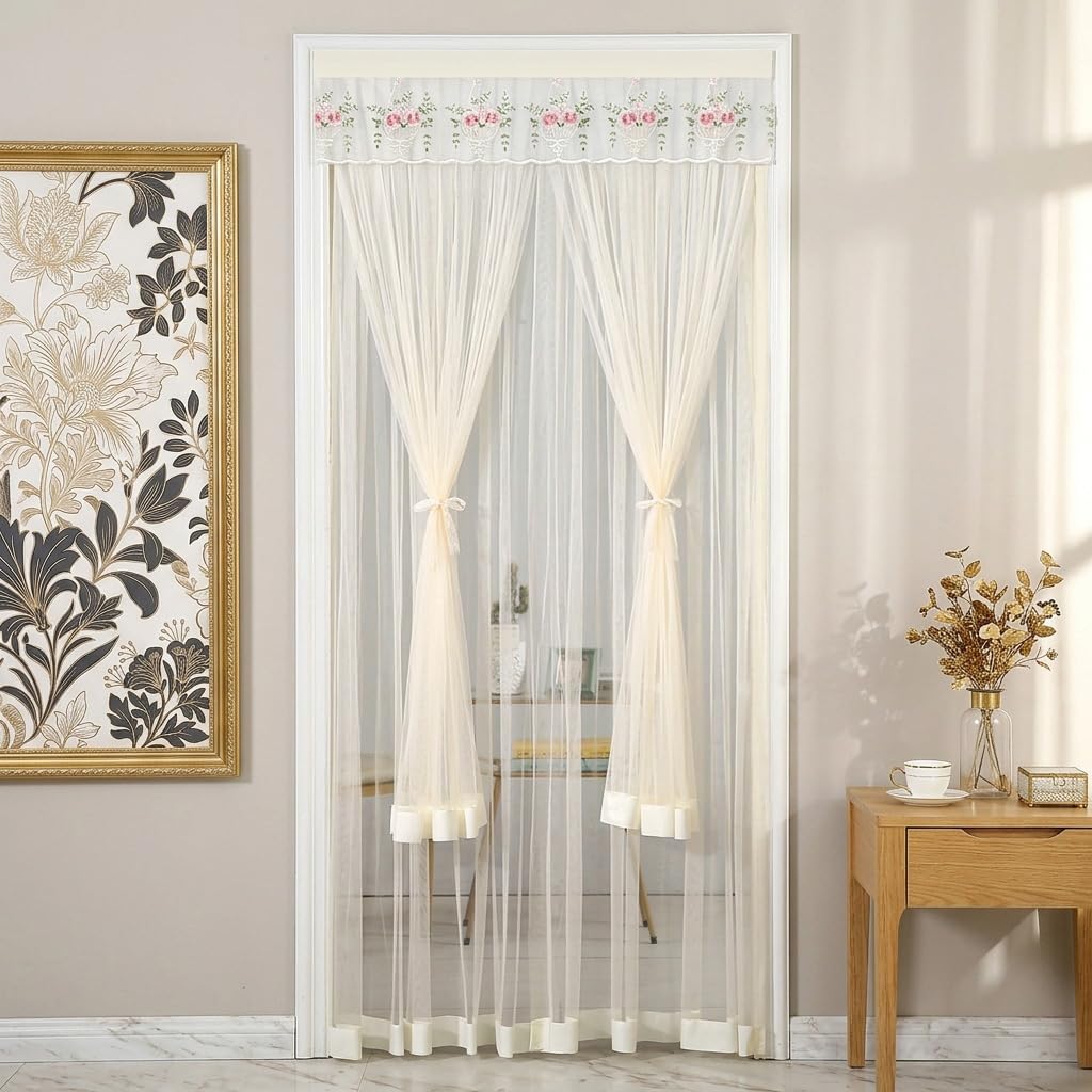HASTHIP® Lace Door Curtain Double Layer Sheer Privacy for Doorway | Mesh lace fabric with easy tape installation filters soft light keeps mosquitoes out-image-35