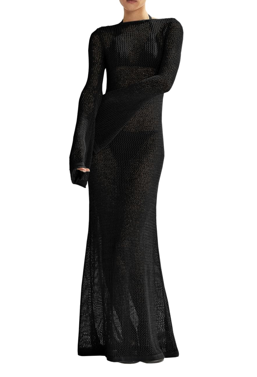 Saodimallsu Womens Crochet Cover Ups Long Sleeve Sexy Mesh Backless Knit Swimsuit Coverup Beach Maxi Dress