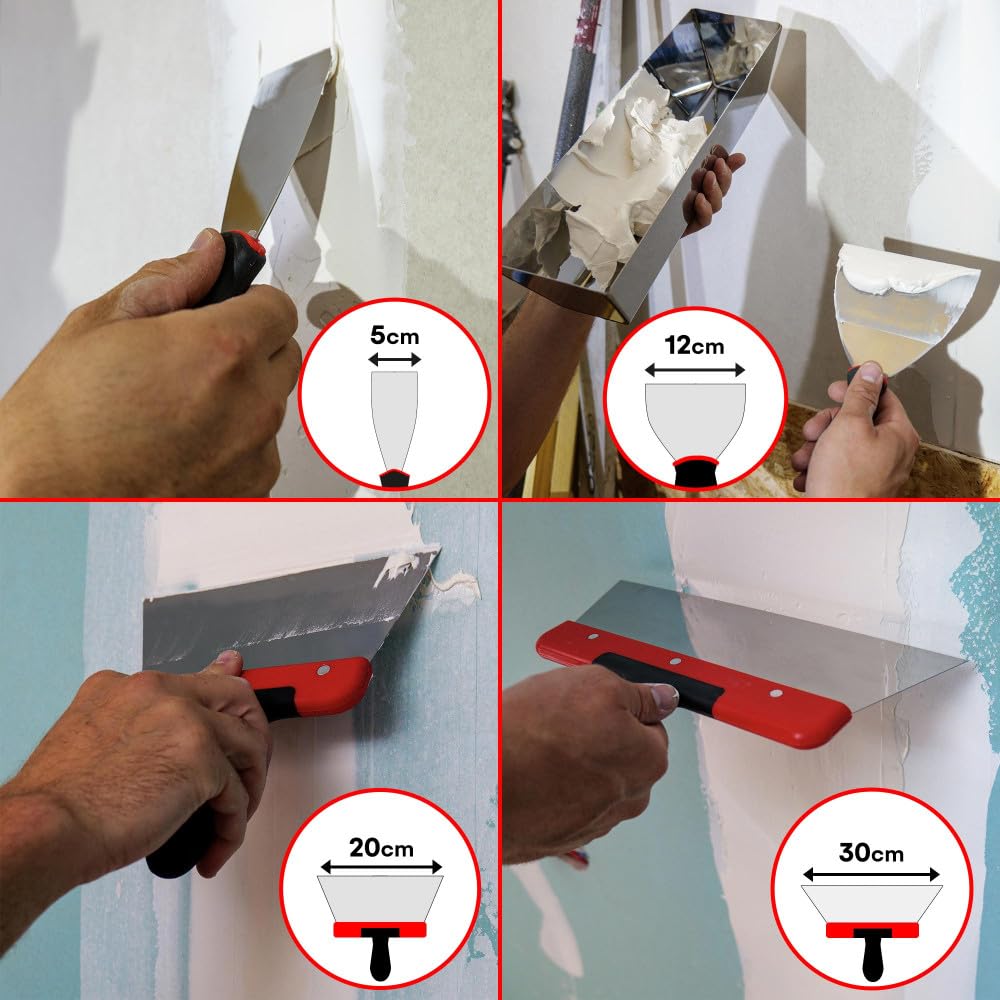 Kit outils plâtrier - 11 outils - Acier inoxydable - idéal bande à joint - Bac - Couteaux - Platoir - Spatules -Truelles d'angle