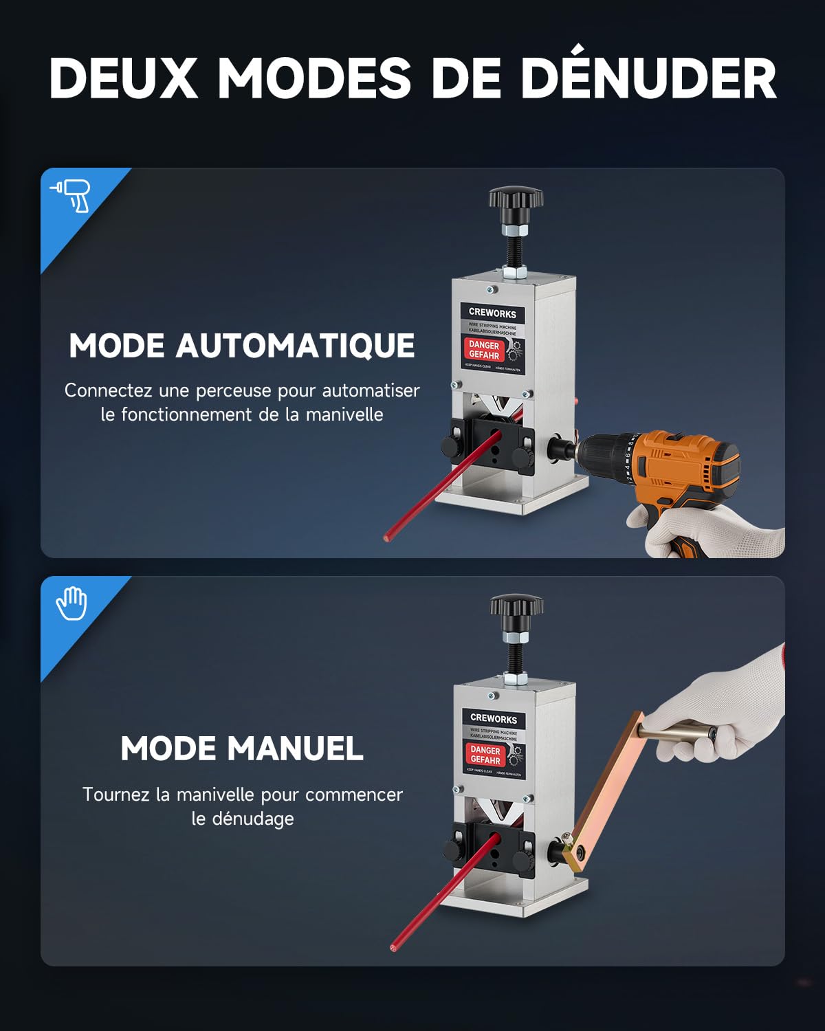 CREWORKS Dénudeur Câble Électrique 1,5-25 mm Machine à Dénuder le Cuivre Dénudeuse de Câble Manuelle pour Recyclage de Fils Câble Cuivre