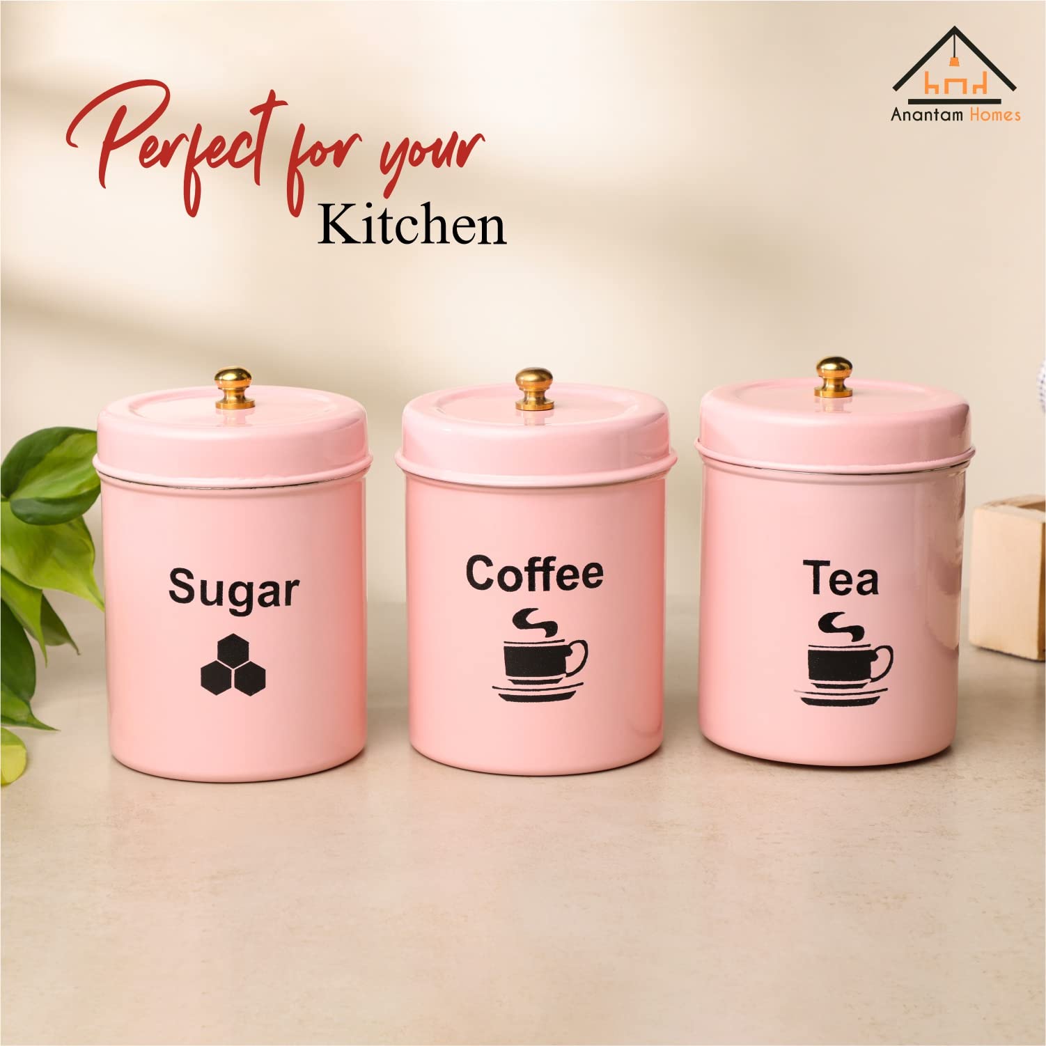 anantam homes Tarro de acero inoxidable | Contenedor | Juego de recipientes para té, café y azúcar | Juego de 3 recipientes para té, café y azúcar | 800 ml cada uno (TCS-rosa claro)