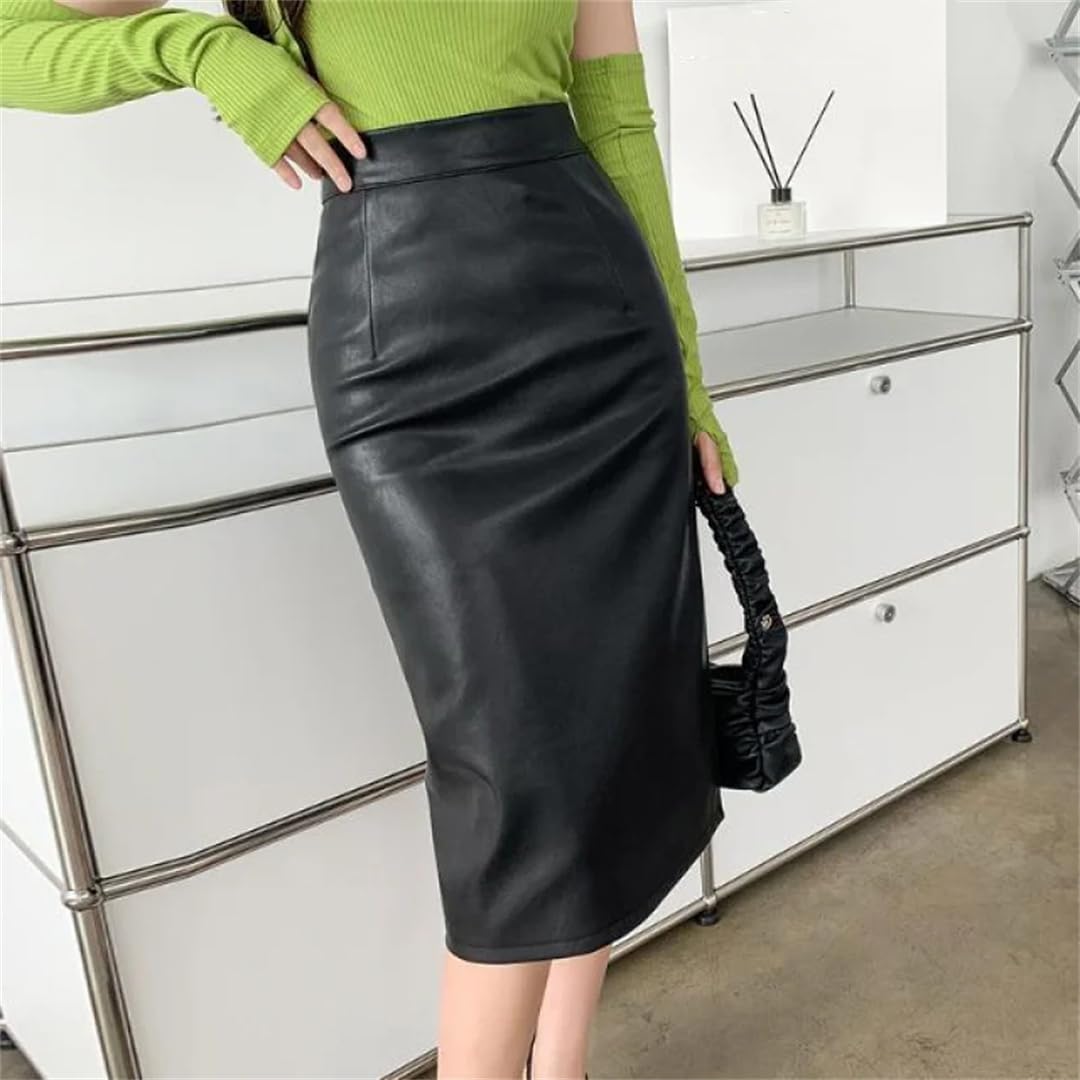 Faldas cruzadas de piel sintética para mujer, falda midi sexy de cintura alta, faldas de tubo delgadas para mujer