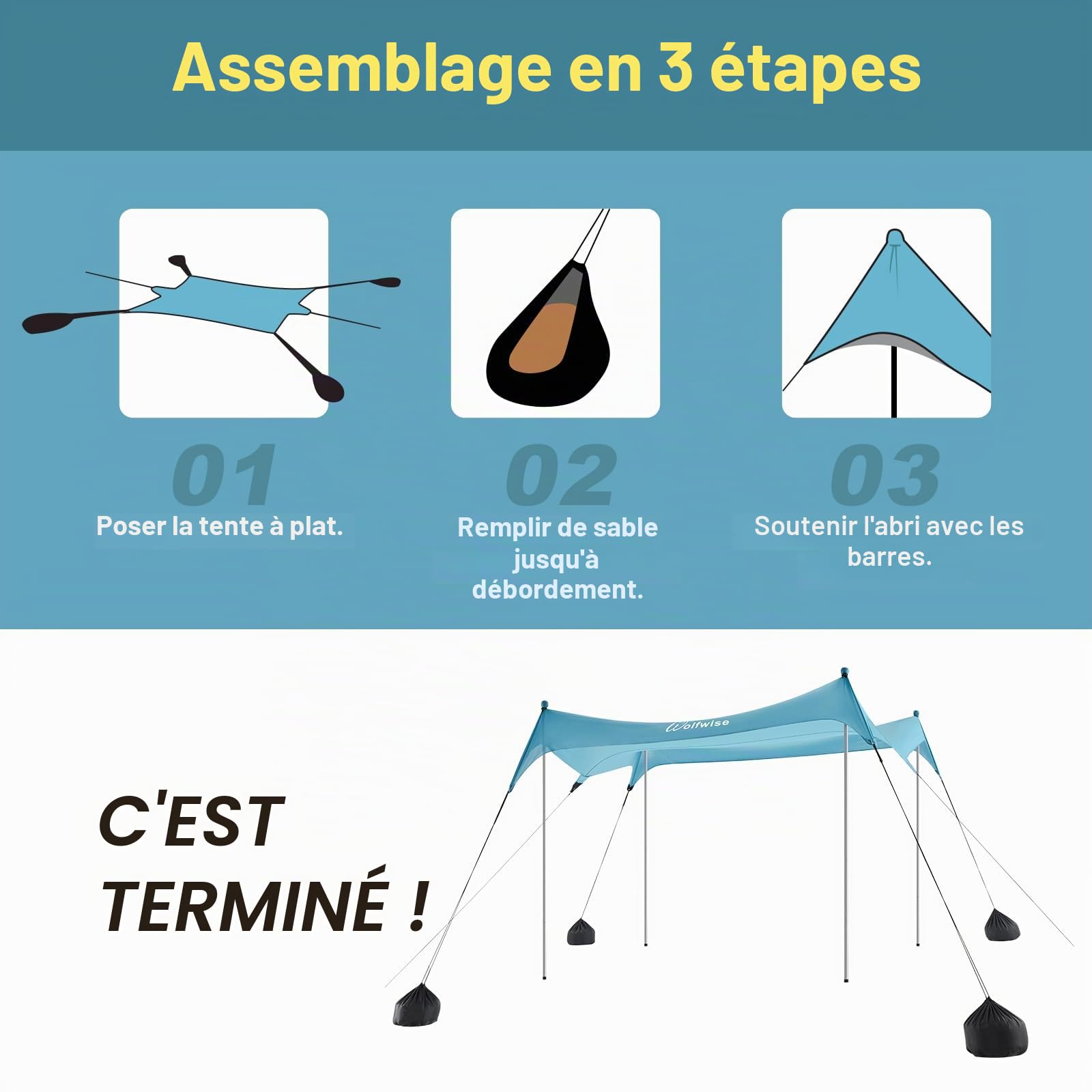 WolfWise Protection Solaire UPF50+ avec Pelle à Sable, Tente de Plage Familiale de 3 x 3 m, pour 4-8 Personnes, Facile à Installer, Imperméable et Résistante au Vent, Bleue, X-Large