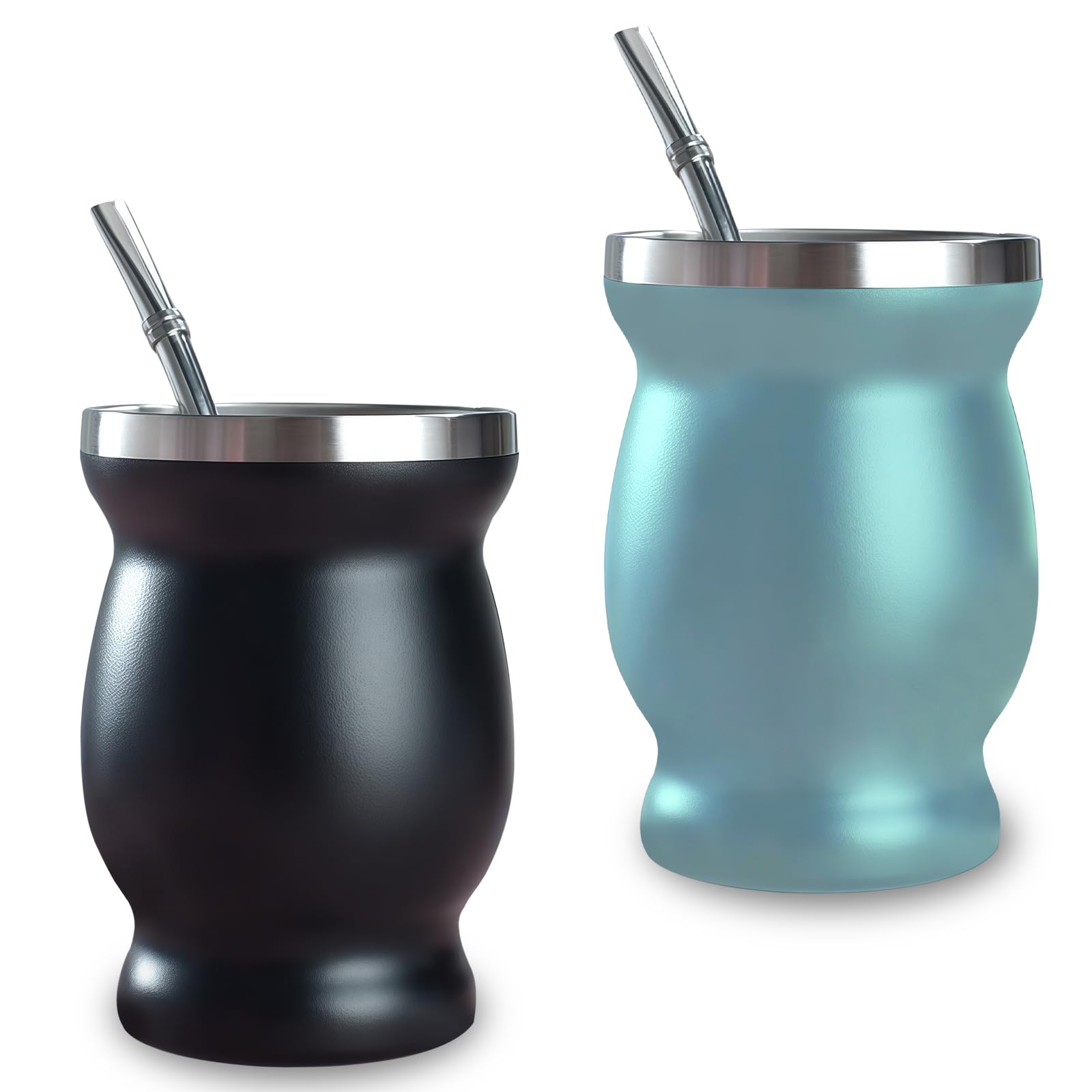 Set di 2 tazze da tè Mate con cucchiaio e spazzola per la pulizia, set da tè Yerba Mate a doppia parete, isolato in acciaio inox per ufficio, auto e viaggi, nero+verde
