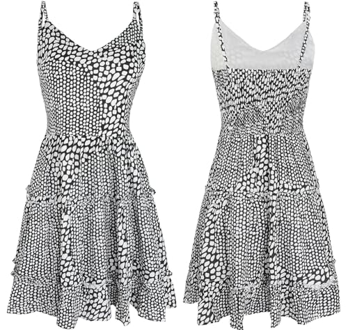 Image of FANCYINN Women Floral Casual Tiered Mini Dresses Spaghetti Strap V Neck Backless A Line Swing Short Dress with Pockets