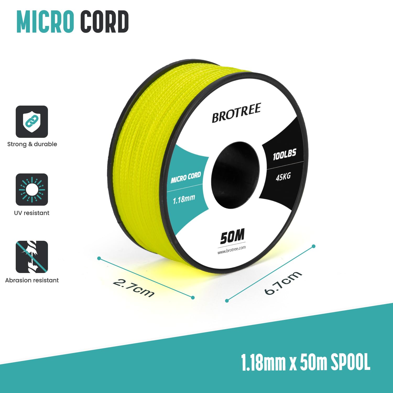 Brotree Micro Corde Paracorde 1,18 mm 50M Corde Tressé Bobine pour Bracelet, Bricolage, Manualidades - 45 kg Charge de Rupture (Néon Jaune)