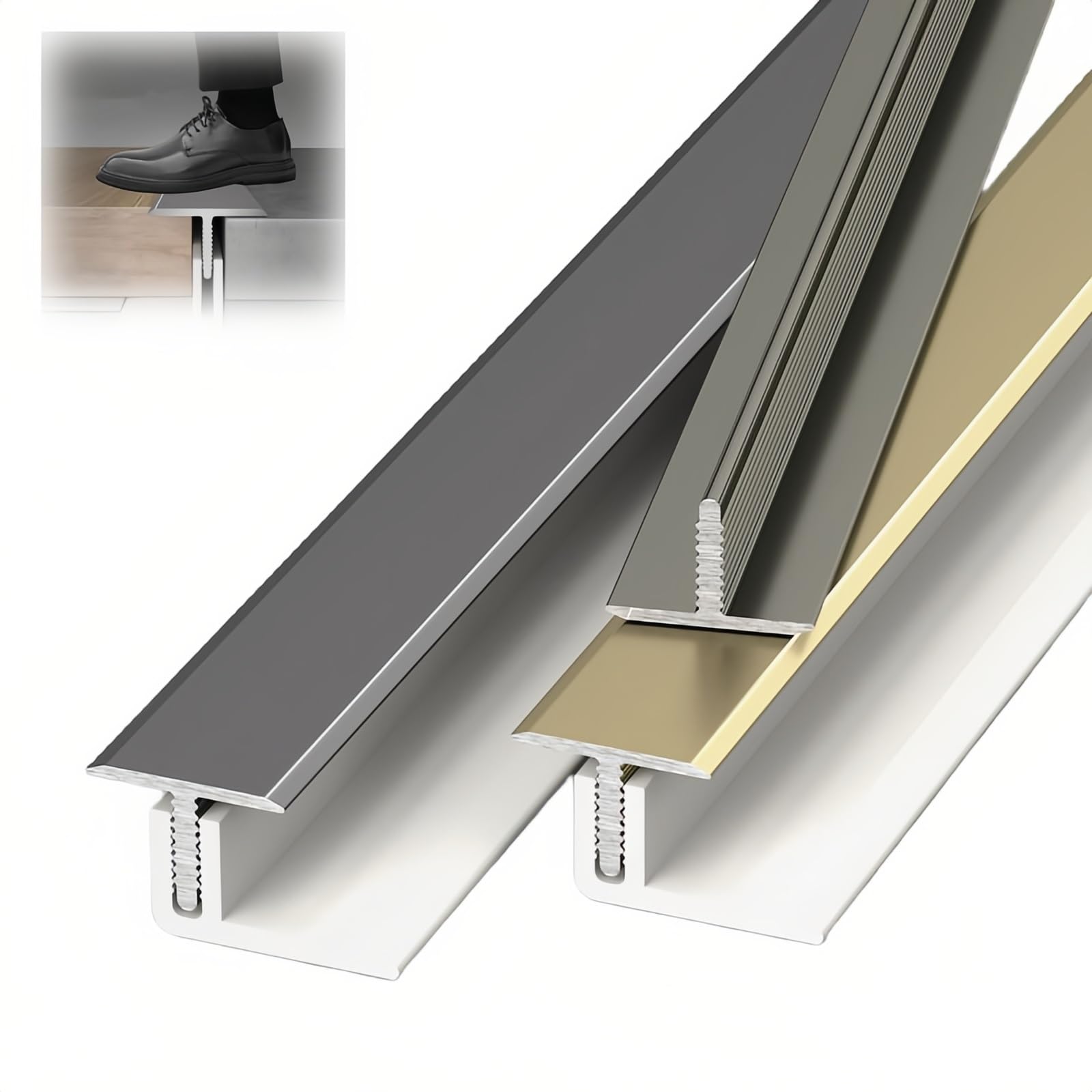 Lot De 3 Bandes De Transition De Sol En Aluminium Barre De Seuil En T, Comblent L'écart De Hauteur Entre 12 Et 18 Mm Pour Porte, Seuil, Transition Entre Carrelage Et Planches Stratifiées – Avec Base(C