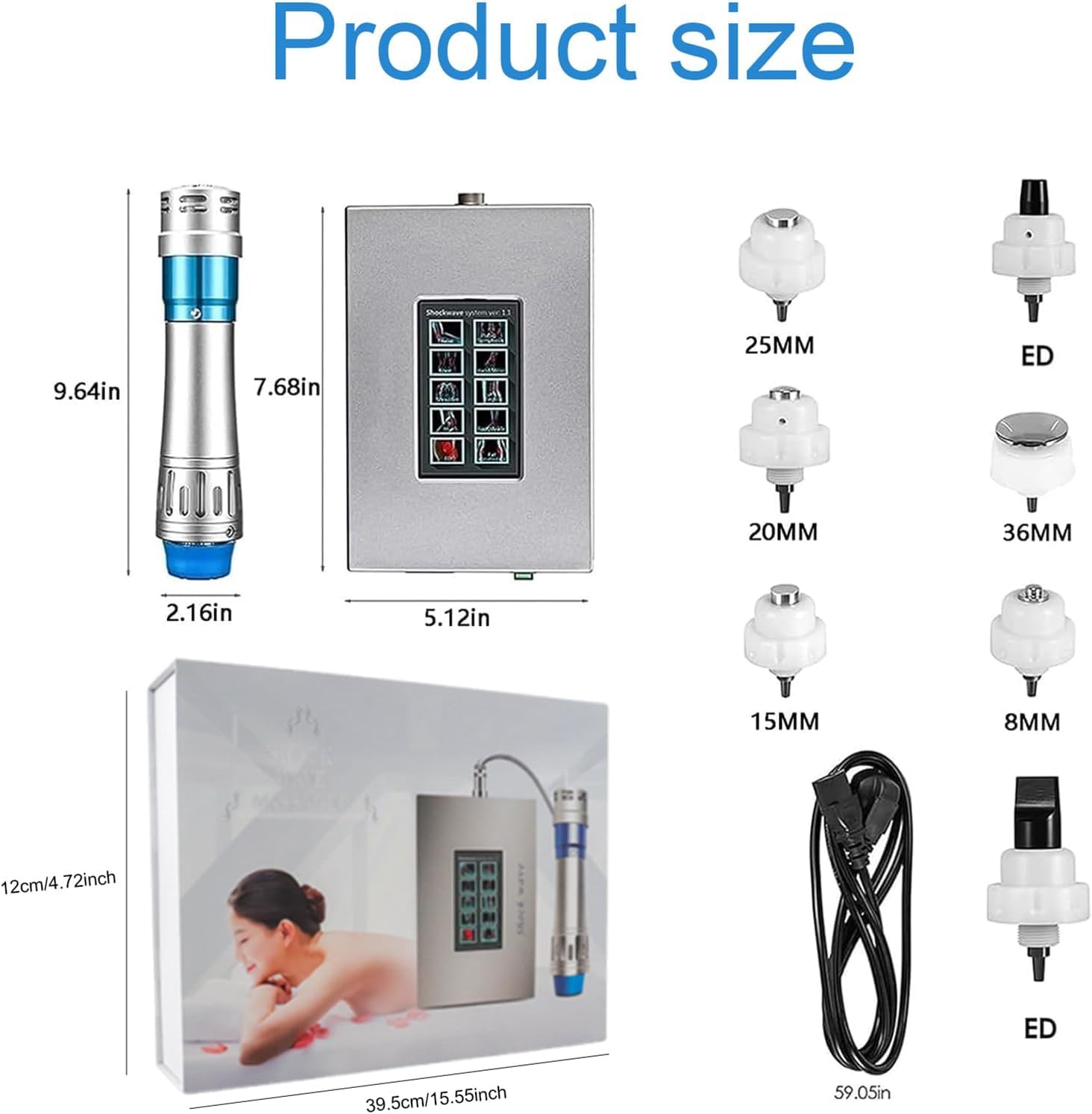Stoßwellentherapiegerät mit Touchscreen, 350W | 10 Behandlungsbereiche, 1-16Hz Frequenz, 60-200mJ Intensität, 7 Massageköpfe, Für Physiotherapie und Schmerzlinderung