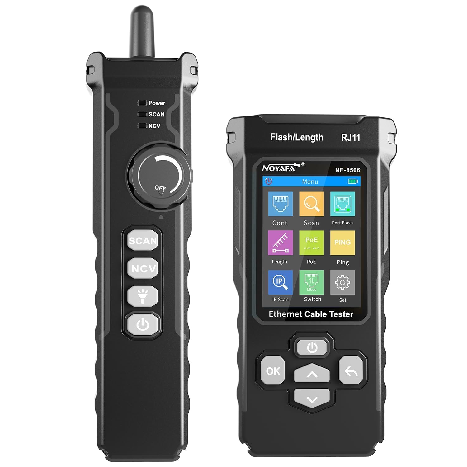 NOYAFA NF-8506 Tester di Cavi di Rete – Tester Ethernet con Ping, Scansione IP e TDR, Test Velocità Rete, Lampeggio Porte, Rilevatore Cavi RJ45 RJ11, CAT5 CAT6