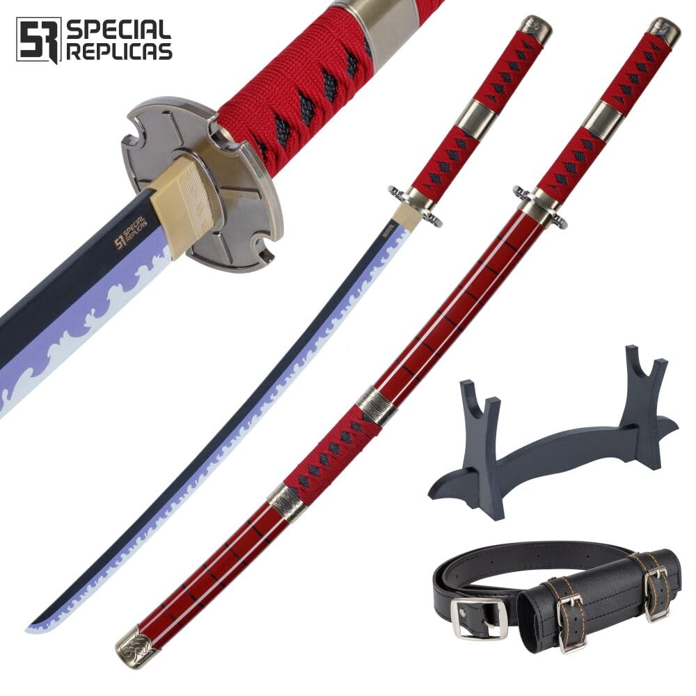 57 SPECIAL REPLICAS Zoro Katana Schwert 105 cm/41 Zoll - Samurai Schwert Holz mit Gürtel, Ständer & Scheide - Holzschwert aus Bambushol für Anime Cosplay - Oonee Piieeccee Schwerter (Nicht Scharf)