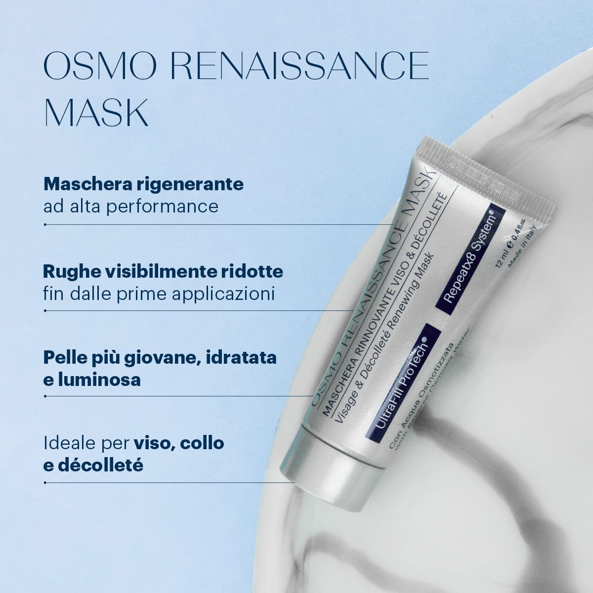 Osmowall OSMO RENAISSANCE MASK Maschera Viso Collo Décolleté Idratante Antirughe. Efficace contro rughe e linee di espressione. Pelle più idratata, uniforme, giovane. 8 Tubi richiudibili da 12ml