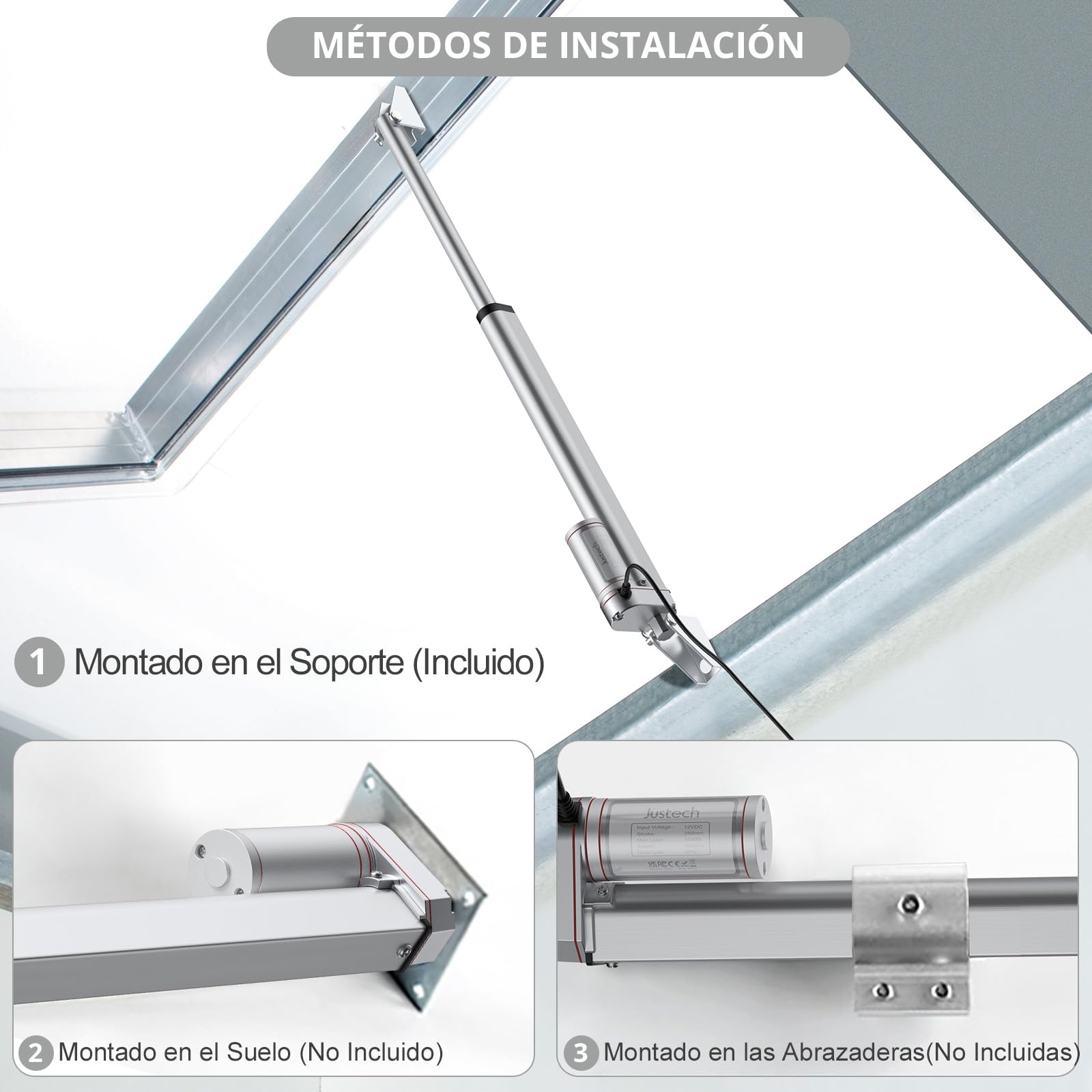 Justech Motor Actuador Lineal 250mm 12V DC 1500N 10mm/s IP65 Impermeable Aluminio Plateado