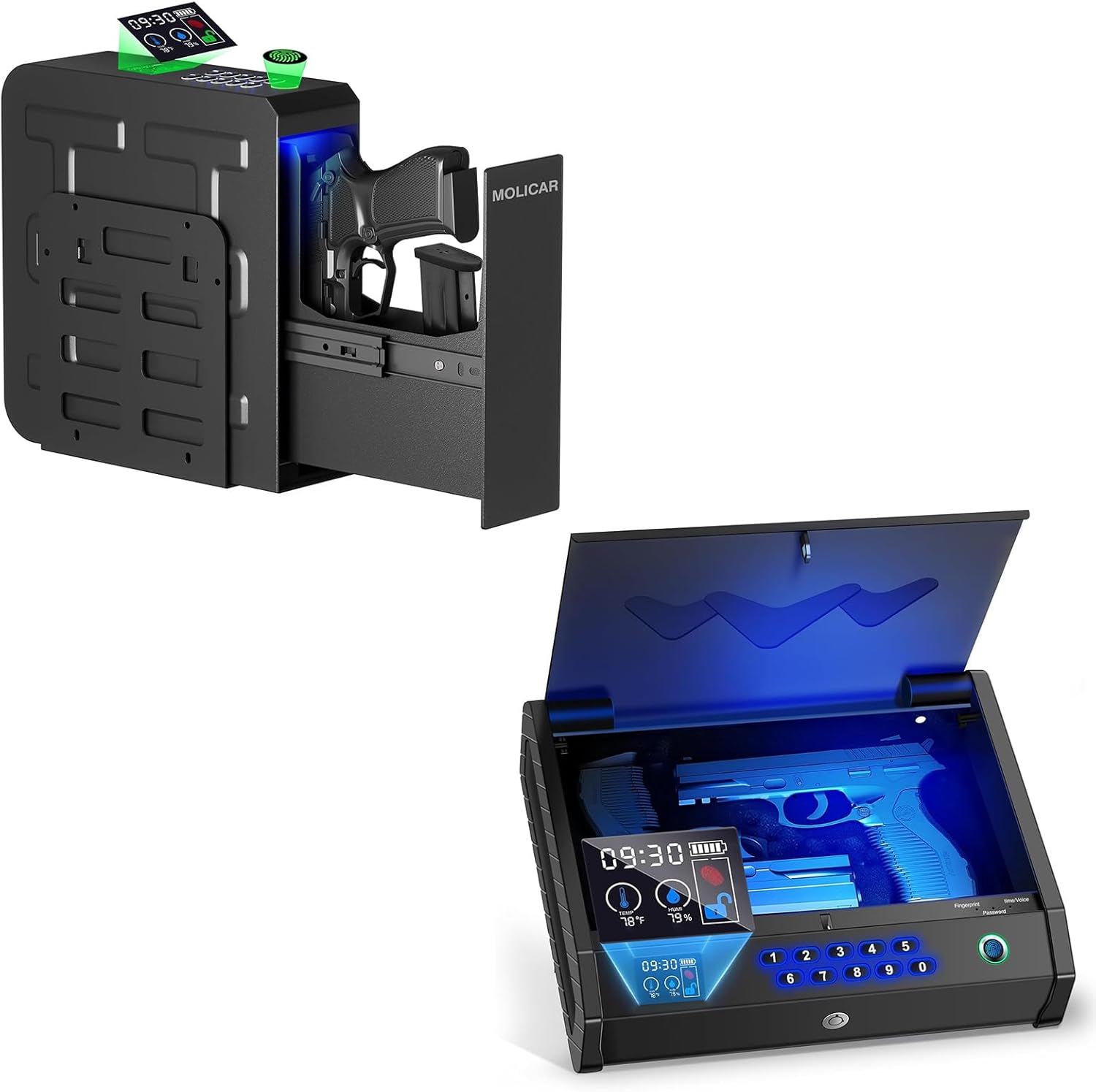 Slider Biometric Gun Safes for Handgun with LCD of Temp Humidity Battery, Fingerprint Quick Access Pistol Safe for Bedside Nightstand Car