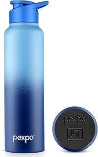 PEXPO Craft Pro 1000 ISI Certified Stainless Steel Sports/Fridge Water Bottle with Sipper Cap - 950ml | Single Wall | For Home, Office, Gym, Travelling | Lightweight| BPA Free - Blue&Denim Blue Ombre