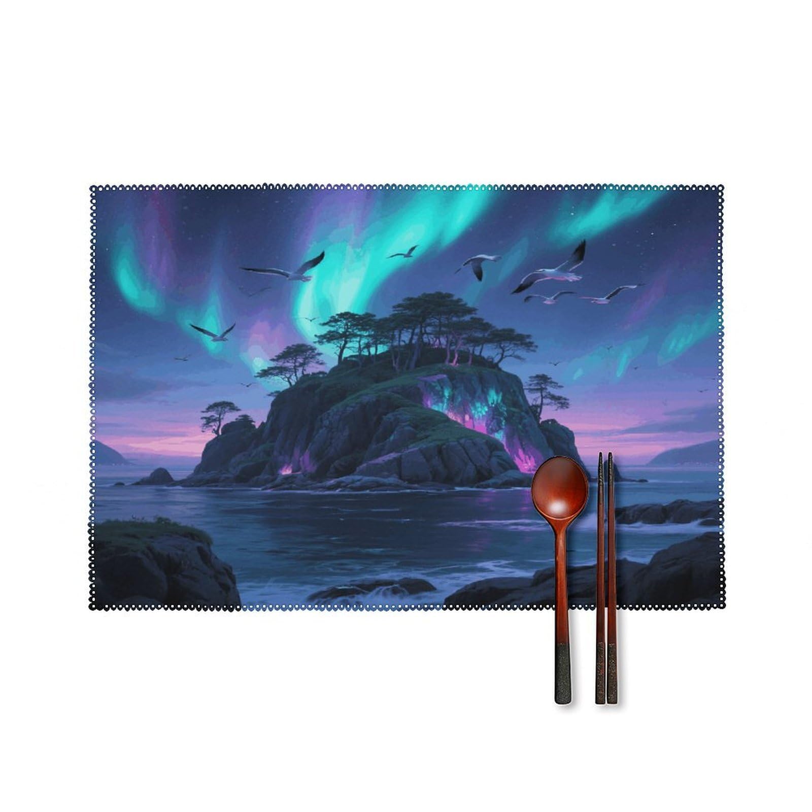 Aurora Island Placemats Set of 4 Heat Resistant Non-Slip Place Mats for Dining Table Washable Placemat Wipeable Dining Table Mat Canvas Place Mats Dining Table Decor