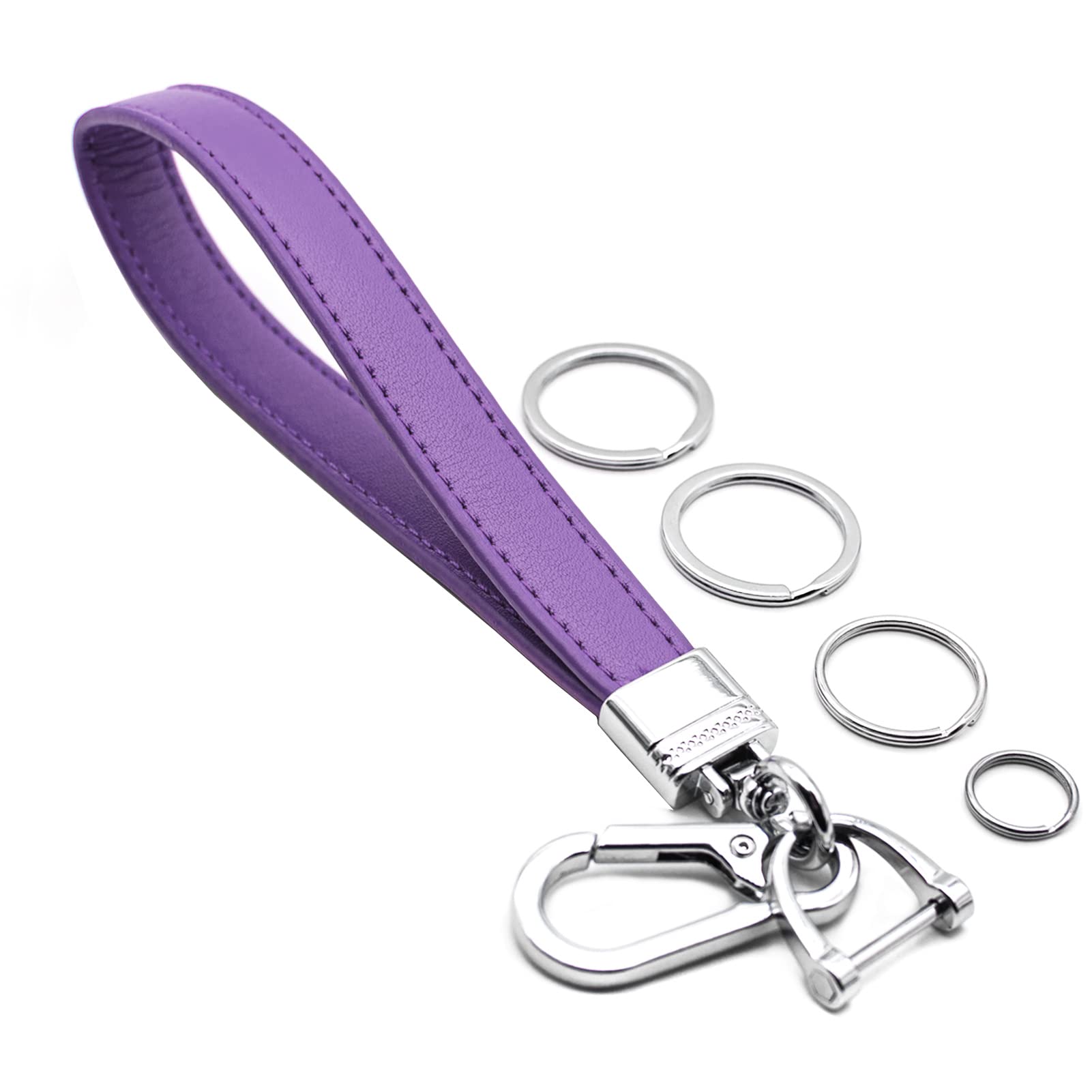 Sponsored Ad - Car Fob Key Chain Genuine Leather Wristlet Strap Keychains Holder for Men and Women, 360 Degree Rotatable, with Anti-lost D-Ring, Carabiner Clip and 4pcs Key Rings, Purple