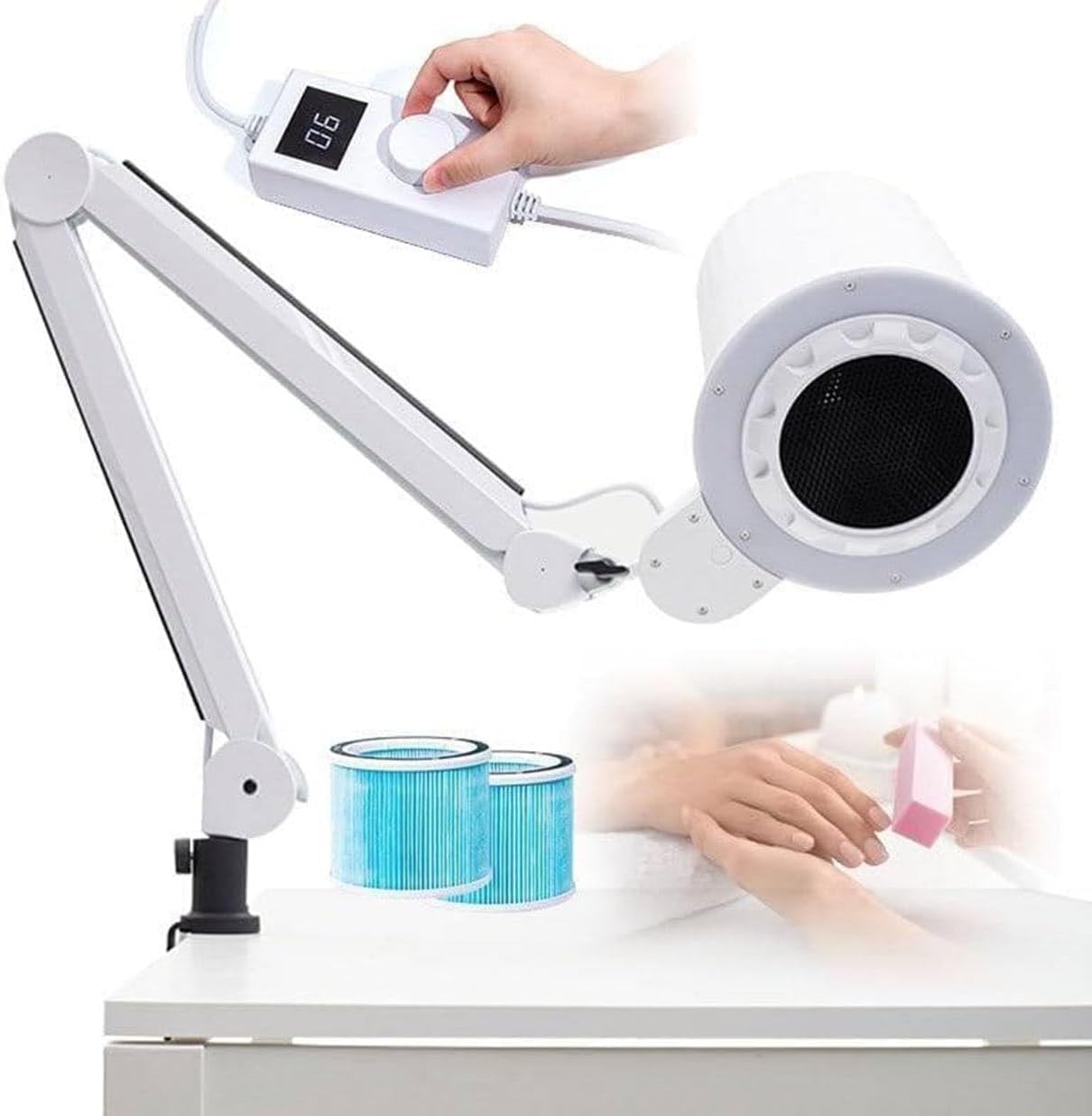 Nail Vacuum Cleaner Fan Electric Dust Collector Manicure Tool, with Built-in Dimmable LED, Changeable Filter and Universals Table Mount, for Salon Expert Home Use