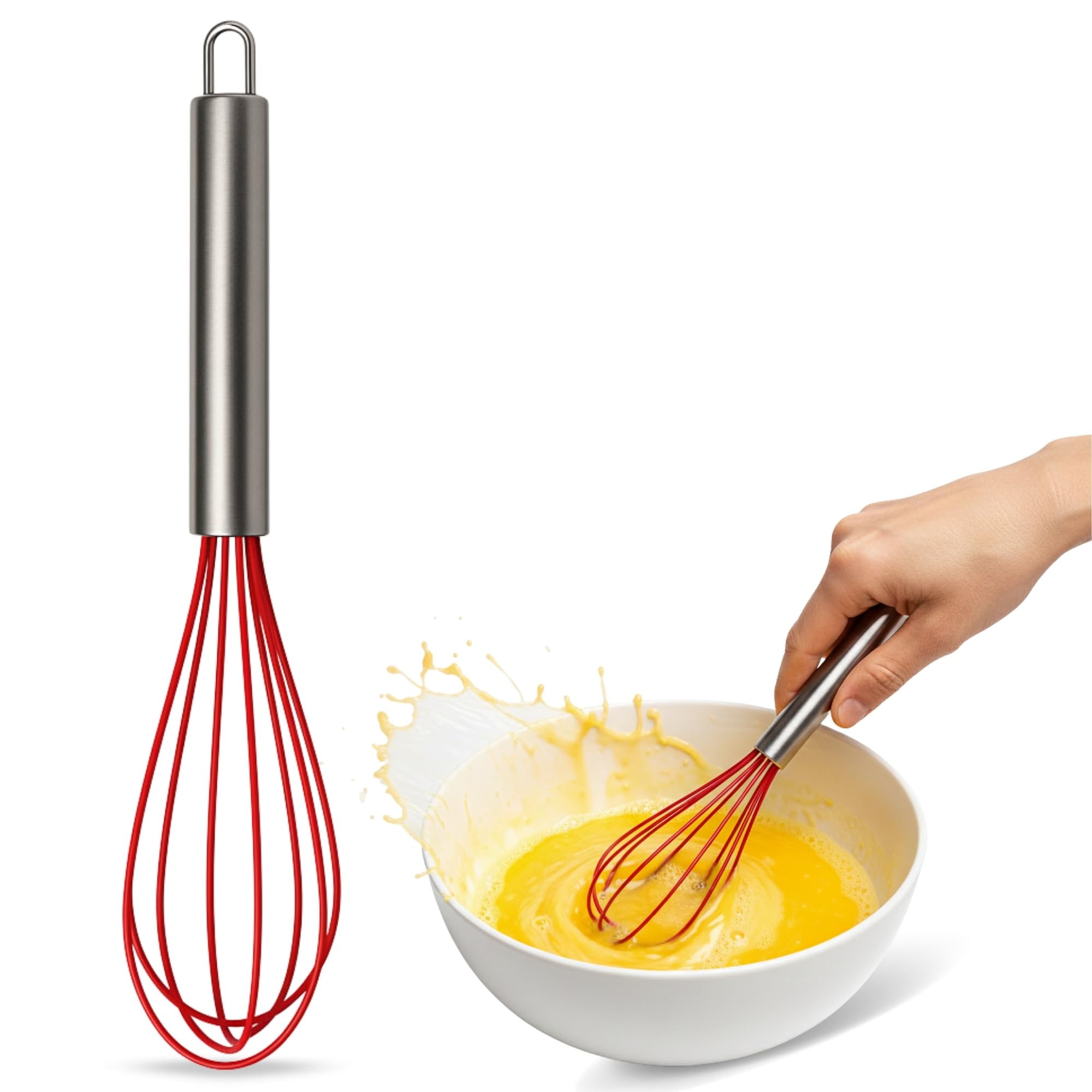 Batidor manual, Varillas de batir, Mezclador manual, Batidor de cocina, Batidor de huevos, Apto para Mezclar, Revolver la Masa, Huevos, Longitud 25 cm, Silicona y Acero inoxidable, Rojo