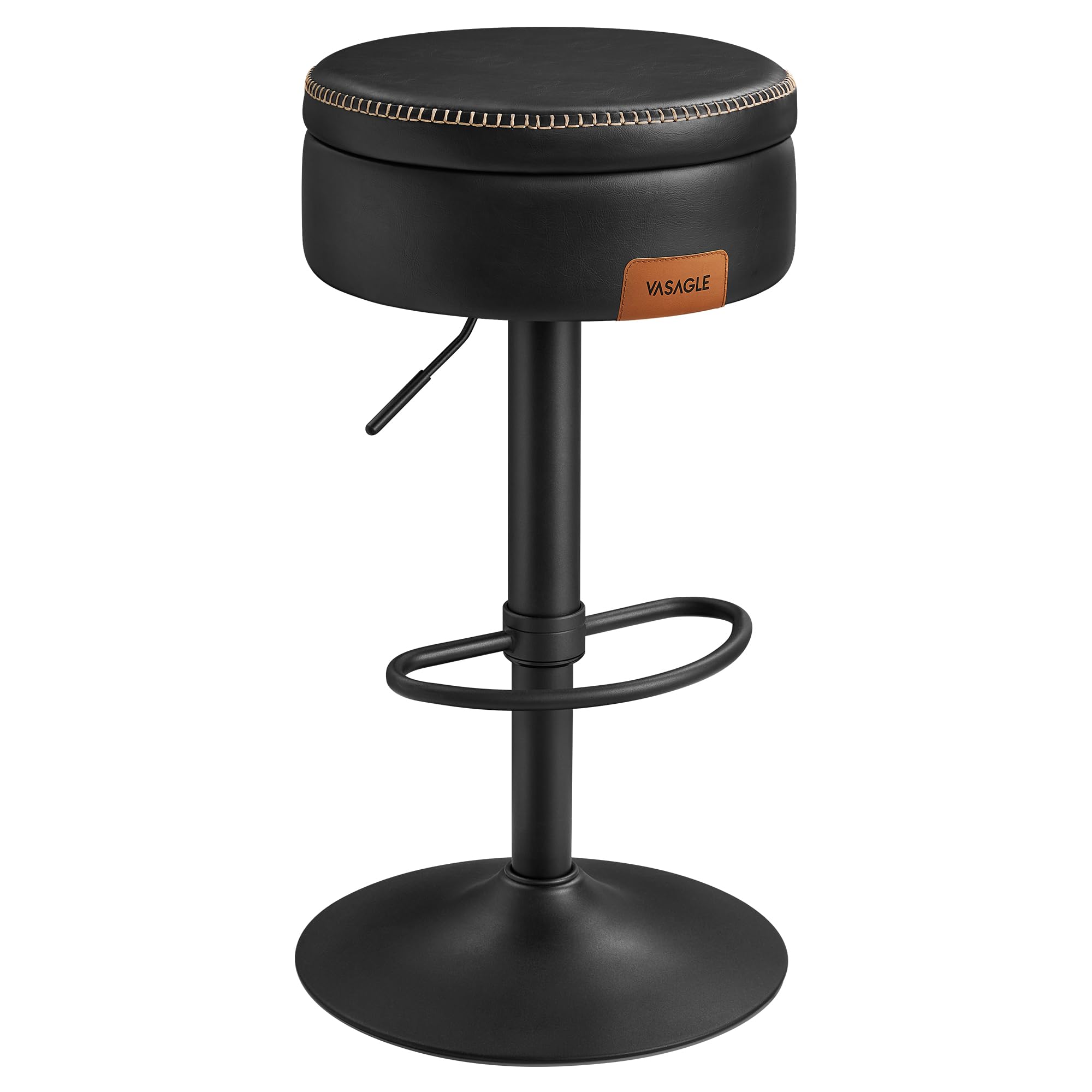 VASAGLE EKHO Colección - Silla de Bar 360° Giratoria, Sillas de Barra de Altura Ajustable con Almacenaje, Cuero Sintético con Costuras, Moderno Siglo Medio, Cocina Bar, Fácil Montaje, Negro Tinta
