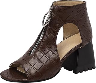 Vital Shoes Sandalias de mujer de color sólido hueco punta abierta gruesa de tacón alto cremallera frontal sandalias romanas zapatos 41 mujer