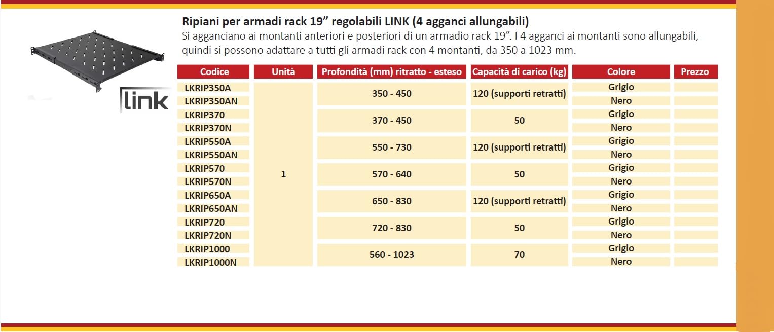 Mensola in acciaio per armadio rack 19" regolabile 350-450 mm, nero RAL9005, portata 50 kg
