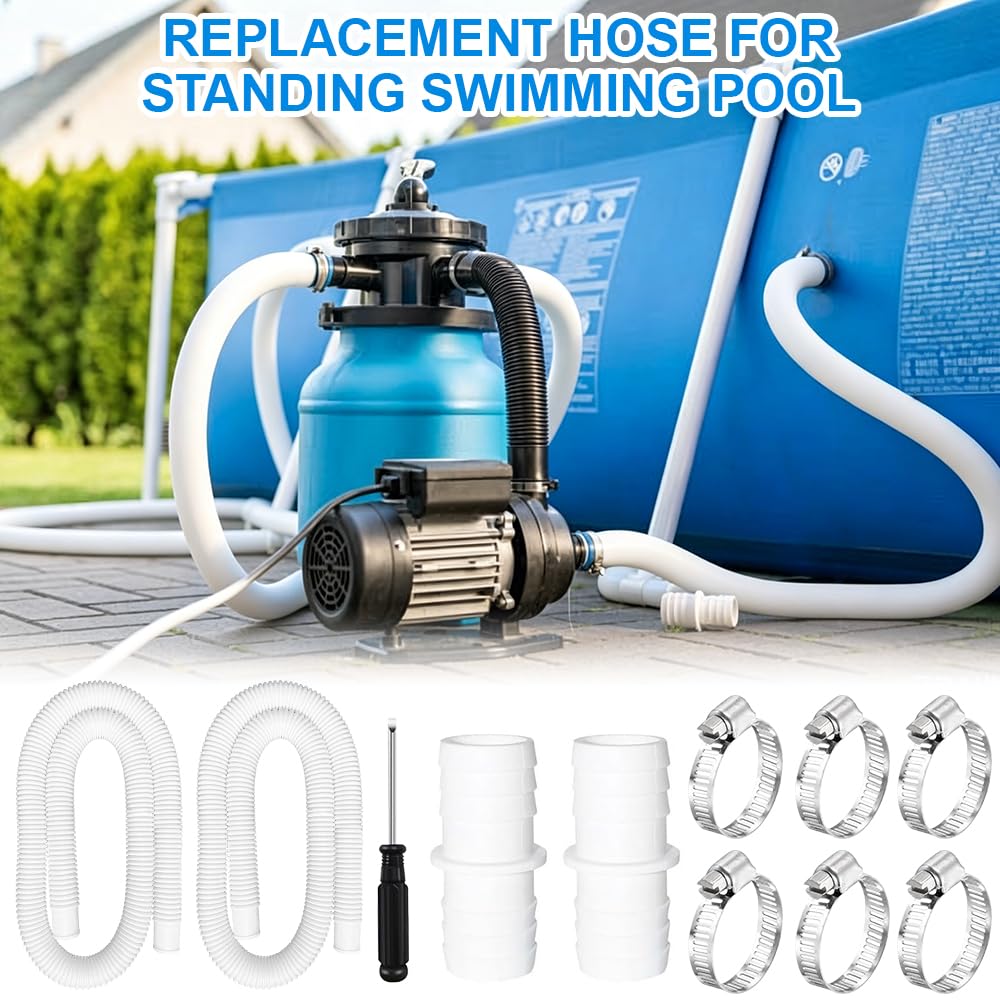 2Pcs Tuyau Piscine 32mm, 1.5m Tuyau de Rechange pour Piscine avec 6 Clips de Sécurité et 2 Raccord de Tuyau, Tuyau Filtration Piscines pour Piscines Hors Sol, Spa
