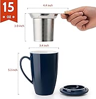 Vista 2 de Sweese Taza de té de cerámica de 15oz con infusor y tapa, apta para microondas y lavavajillas, infusor de té de hojas sueltas extra fino, asa Azul
