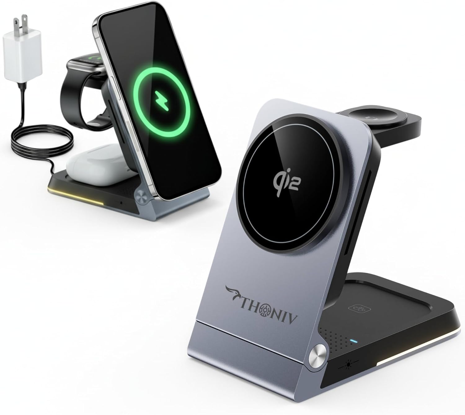 THONIV- Qi2 3-in-1 Magnetic Wireless Charging Station, Foldable 15W Fast Charger for iPhone 11–17 Series, Apple Watch and Wireless Earbuds, Portable Travel Dock, MagSafe Compatible, 30W Adapter