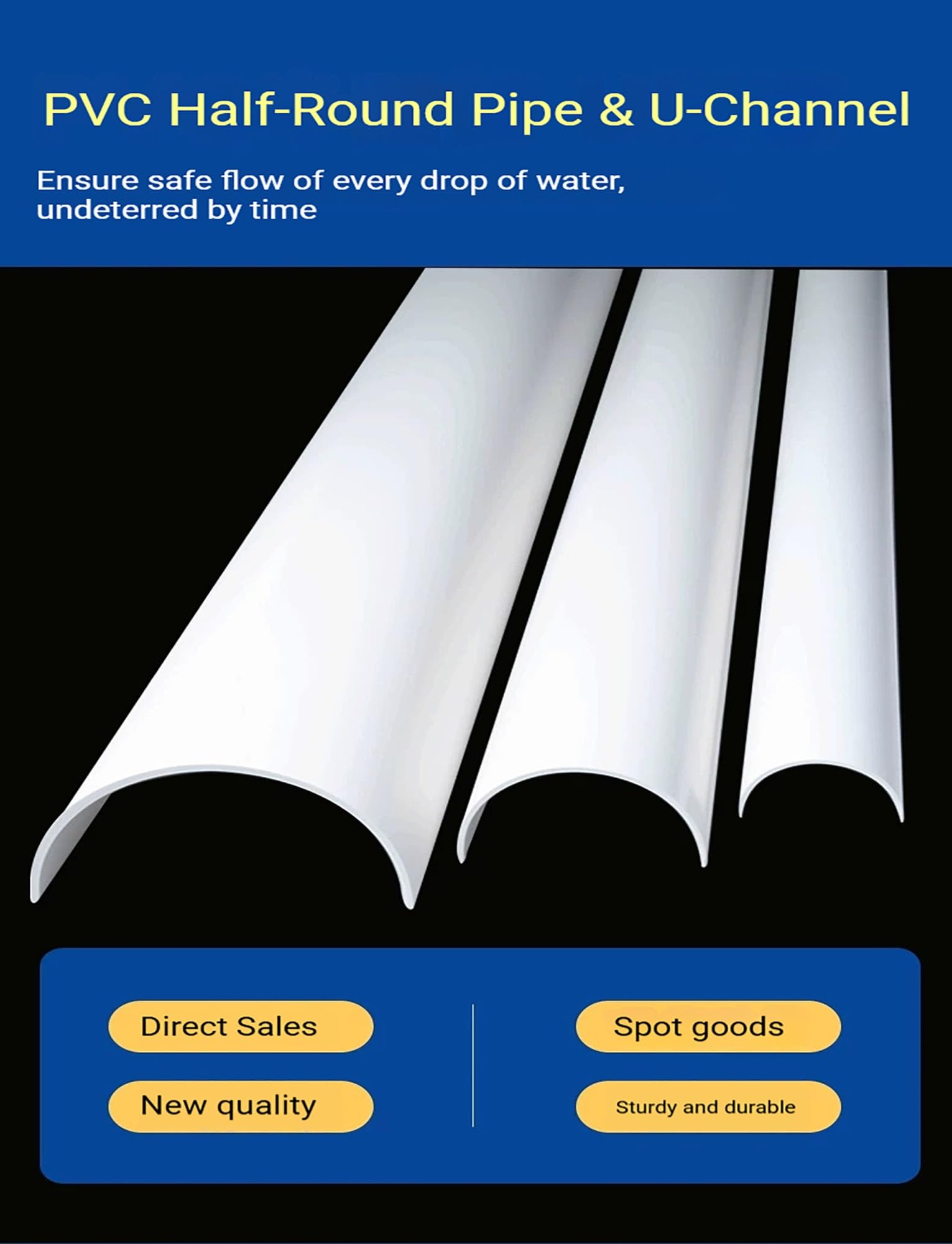 Tubo PVC Semicircular, Canal U Drenaje y Suministro Agua | Tubería engrosada con canal en U for drenaje, riego, conducción de agua y proyectos(100cm(39in),6.3cm(2.5in)-2mm)