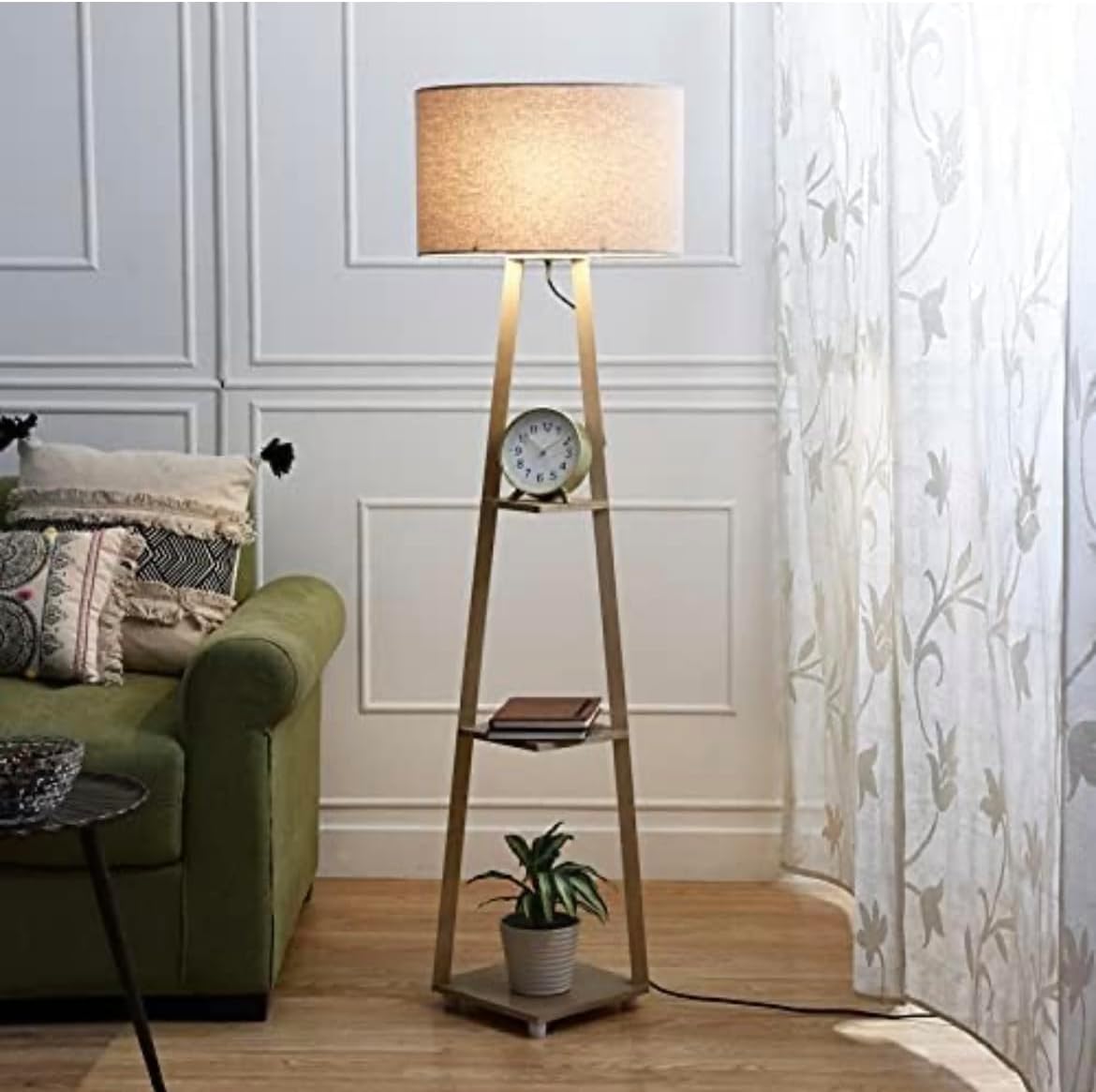 Art Home Decor Floor Lamp in Solid Wood & Natural Wood with Shelf Blue Shade for Living Room,Bedrooms, Colour (Beige)