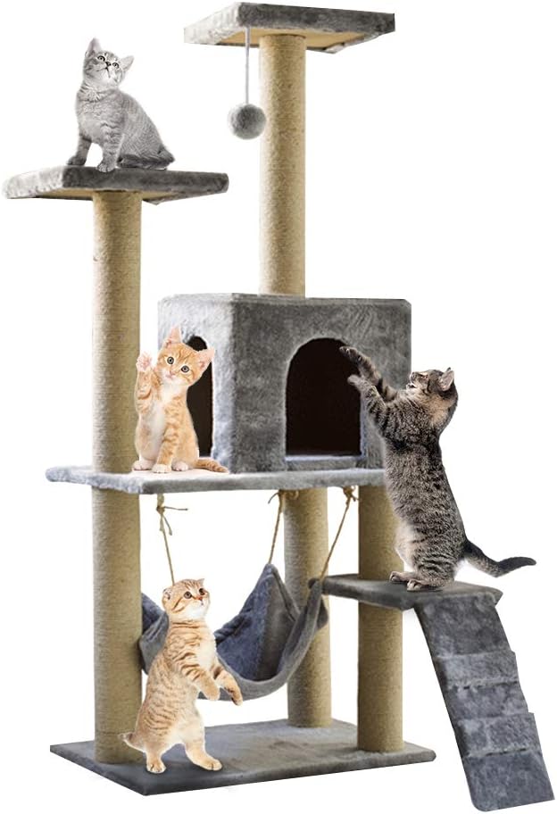 Cat Tree Tower with Scratching Post Plush Perch and Tunnel, Kitten Cat Condo House Furniture 55in (light grey)