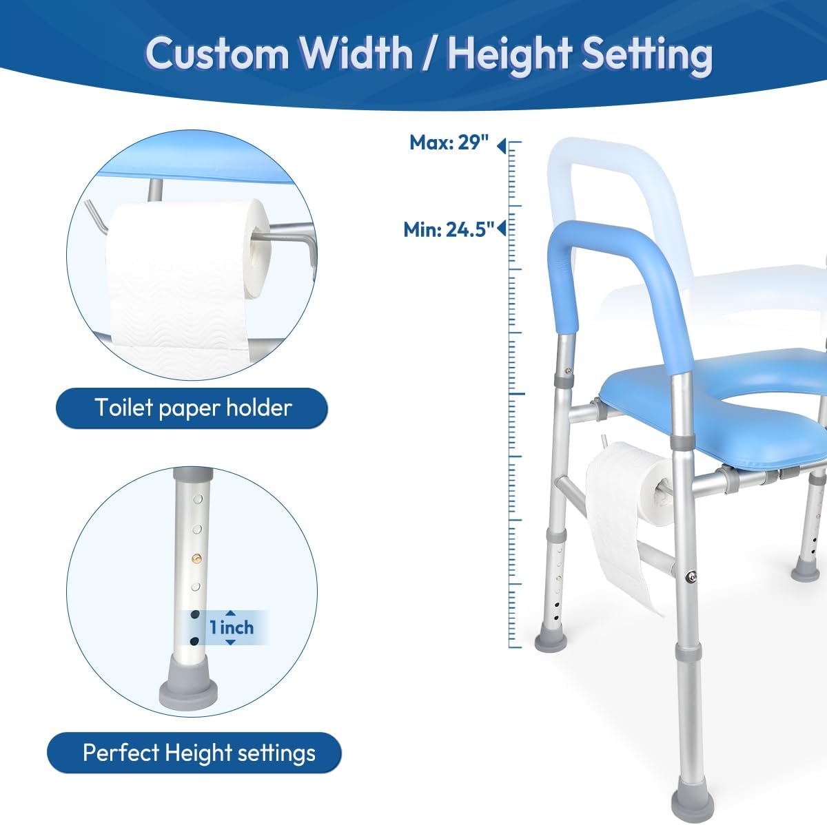 YIKAD Adjustable Height Toilet Seat Riser with Handles, Padded for