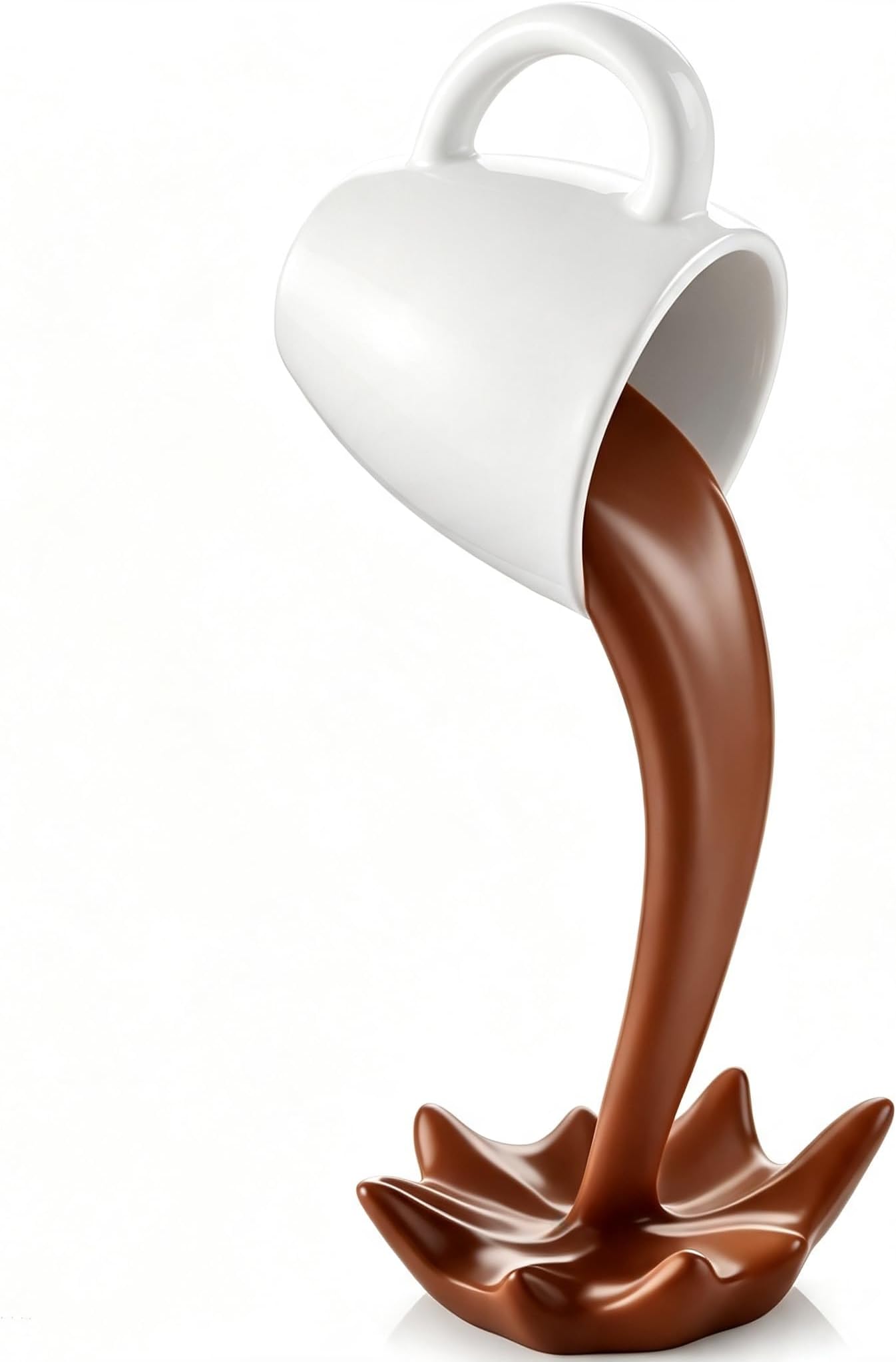 Floating Cup Sculpture Pouring Liquid Coffee Mug, 3D Retro Creative Floating Spilling Suspended Coffee Mug Cup Ornaments, Resin Art Decor for Home Kitchen Living Room (White & Brown)
