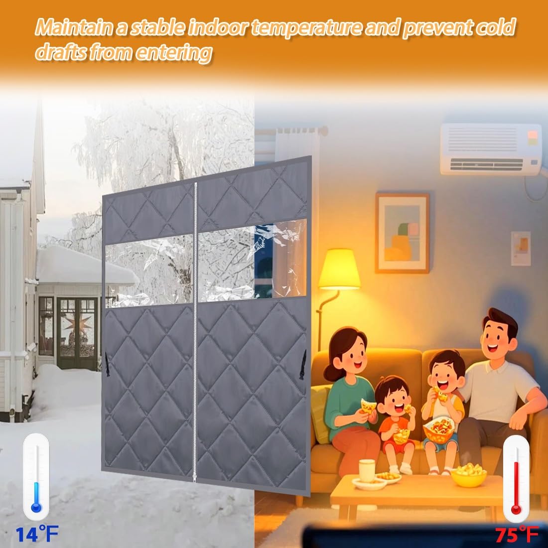 Winter-Fenster-Isolier-Set, transparente Thermovorhänge mit Riemen und Reißverschluss, energieeffiziente Fensterabdeckung für Schlafzimmer und Dachboden, Grau, 190 cm B x 90 cm H