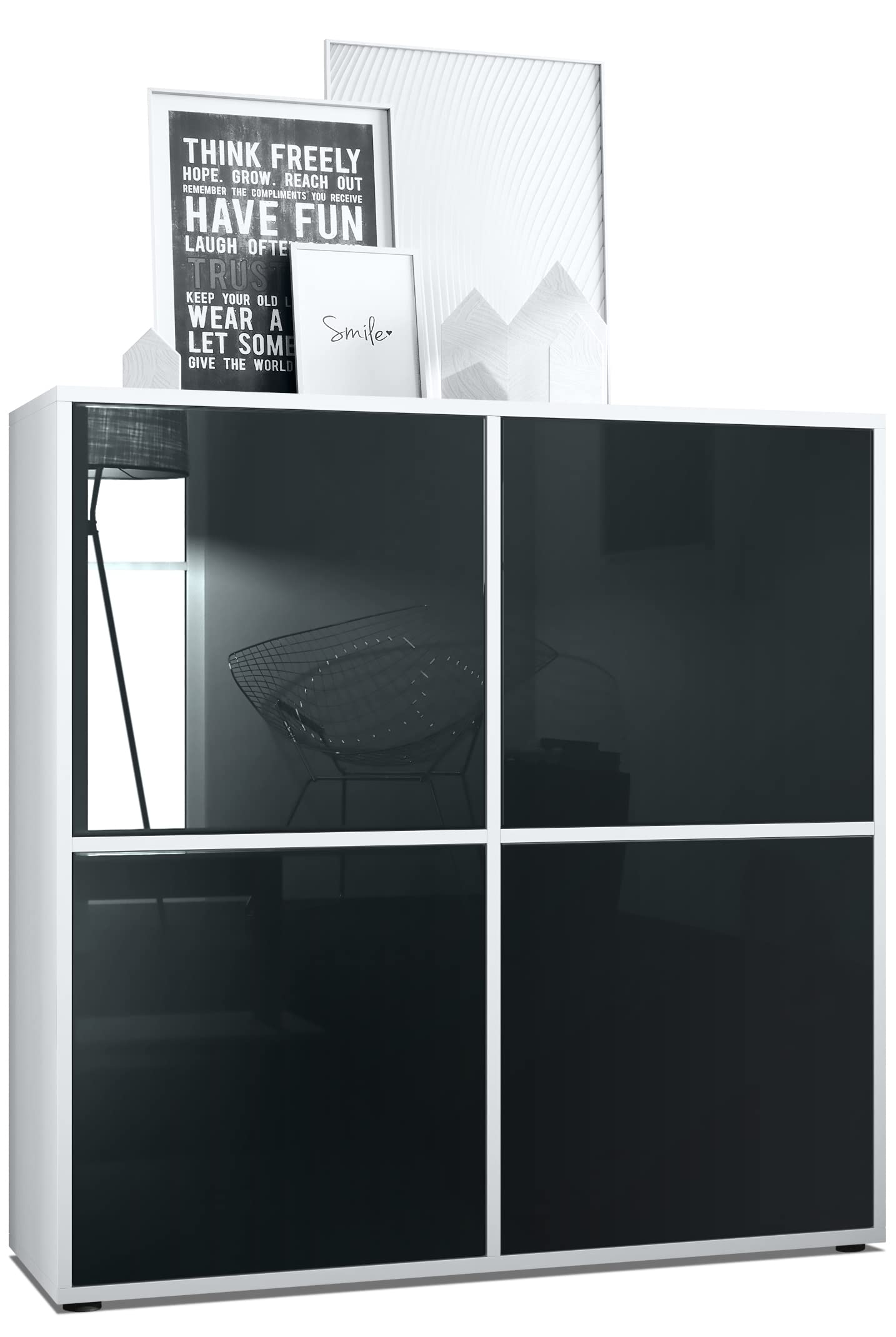 Vladon Highboard Cuba V2 Schrank 104 x 105,5 x 35,5 cm Sideboard mit 8 Fächern, Made in Germany, Korpus in Weiß matt/Fronten in Schwarz Hochglanz