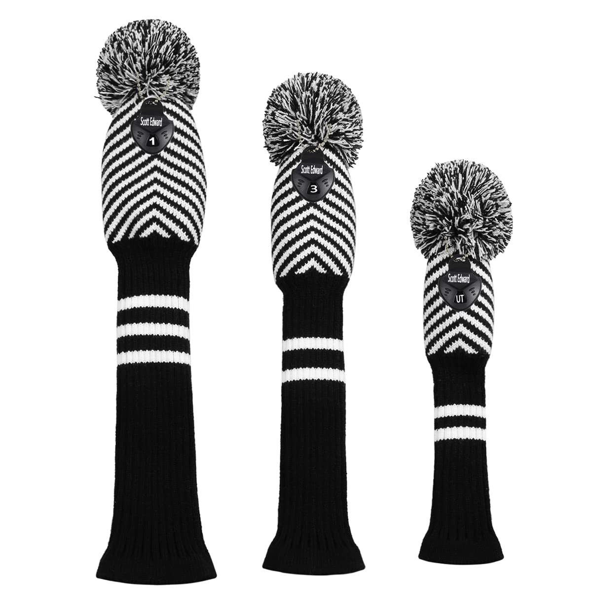 Scott Edward Lot de 3 Couvre-têtes de Golf pour Bois - Convient aux conducteurs (460 CC) - Fil Acrylique Hybride/UT avec Gros Pompons - Protège la tête du Club des Rayures et de la poussière
