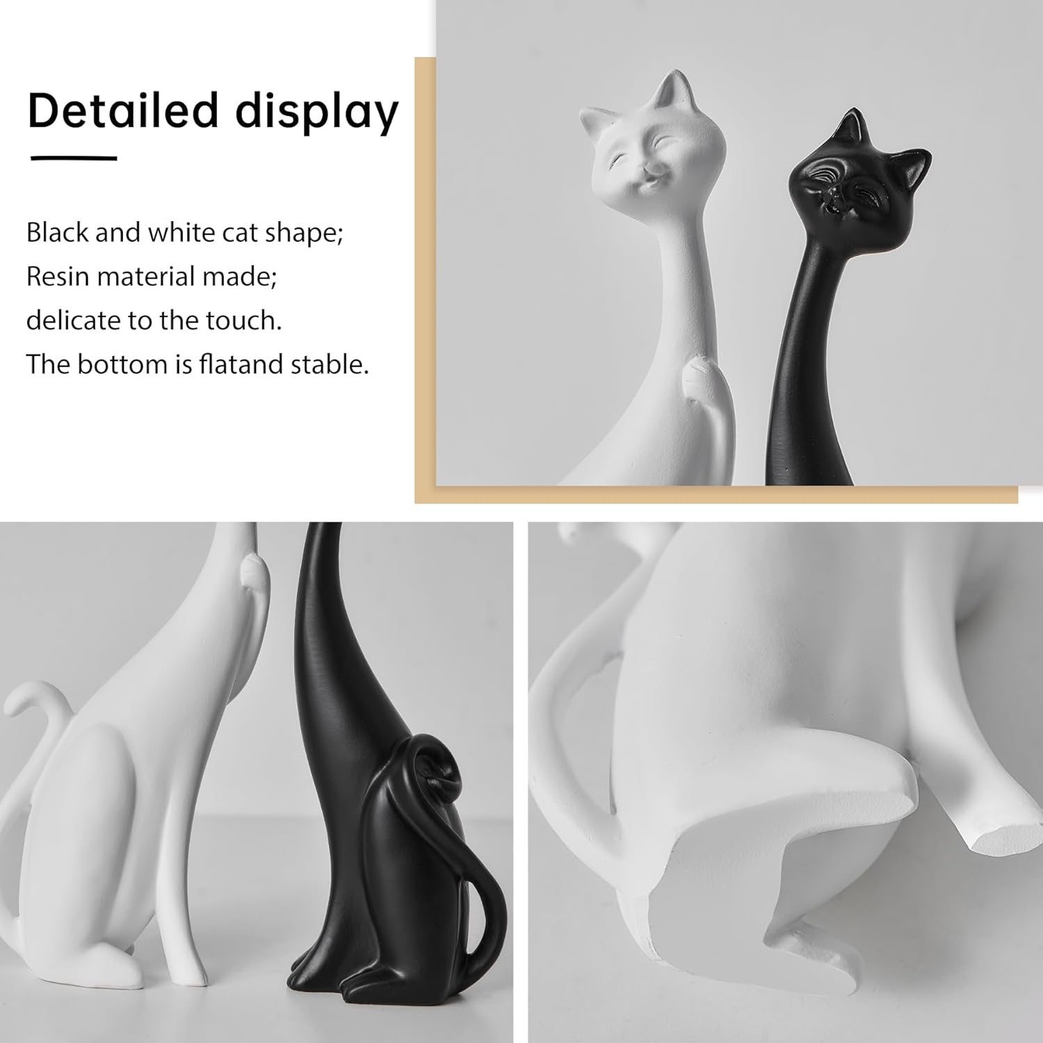 Octdays Cats Statue Table Decor - White and Black Smiling Cat Couple Figurines Book Shelf Decor, Modern Animal Sculptures Decorations for Living Room Office Dining Room Apartment (White and Black)