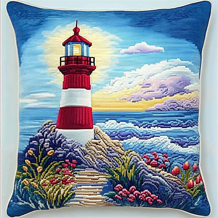 NAHUIGOOD Punto Croce Cuscino Kit Fiori Del Faro 45X45Cm Kit Per Punto Croce Cuscino - Tela Stampata -