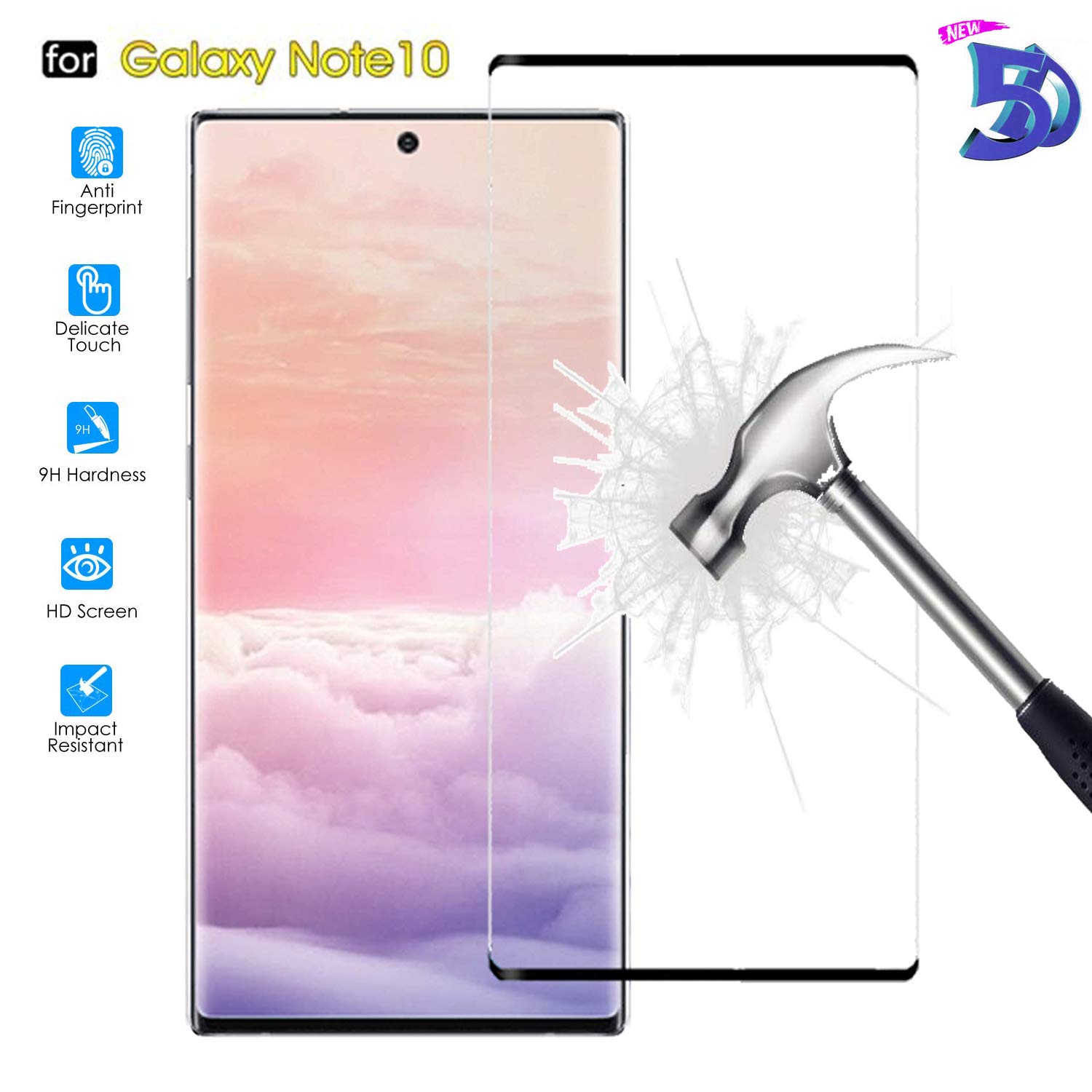 AMPLE Galaxy Note 10 Tempered glass Screen Protector 5D Bubble-Free HD Ultra Clear shatterproof Scratch Resistant 9H Hardness Premium HD Clear Film Tempered Glass for Samsung Galaxy Note 10 (Black)