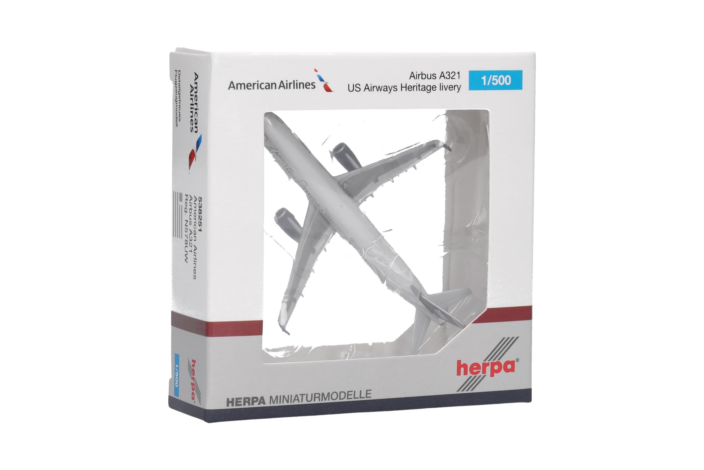 Herpa modellino aereo American Airlines Airbus A321 - livrea US Airways Heritage - N578UW, miniatura in scala 1:500, da collezione, modello di aereo senza base, metallo